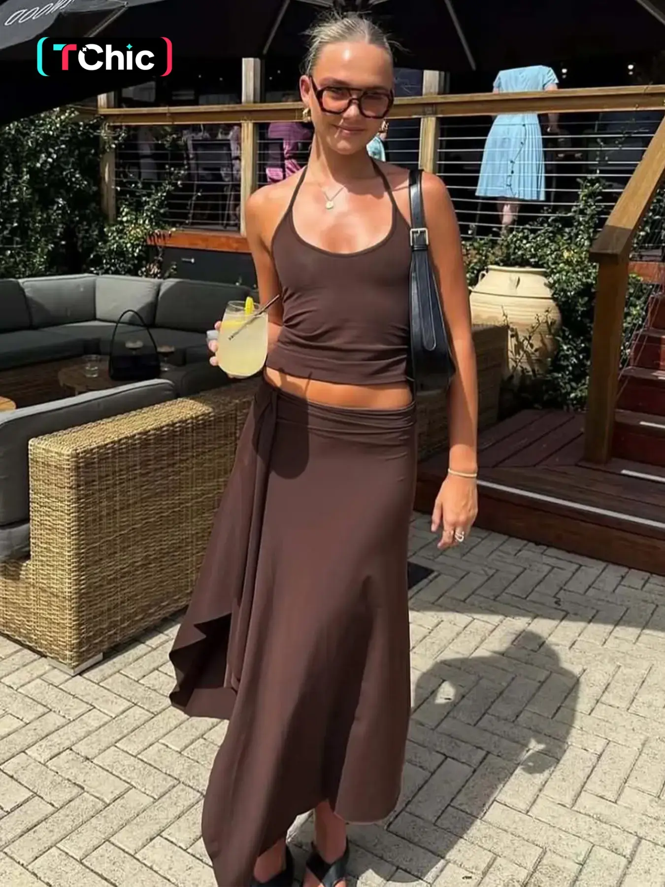 Women's Summer Casual Outfit, Womenswear, Solid Sleeveless Tie-neck Cami Top & Bodycon Side Split Irregular Hem Long Skirt Two-piece Set, Backless Halter Neck Lace-up with Slit Ruffles, Party Club Date Outfits