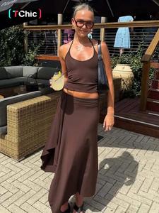 Women's Summer Outfit, Solid Sleeveless Tie-neck Cami Top & Bodycon Side Split Irregular Hem Long Skirt Two-piece Set, Sexy Backless Halter Neck Lace-up Camisole Crop Tank Tops with Slit Ruffles Skirts Suit, Ladies Party Club Date Holiday Casual Outfits