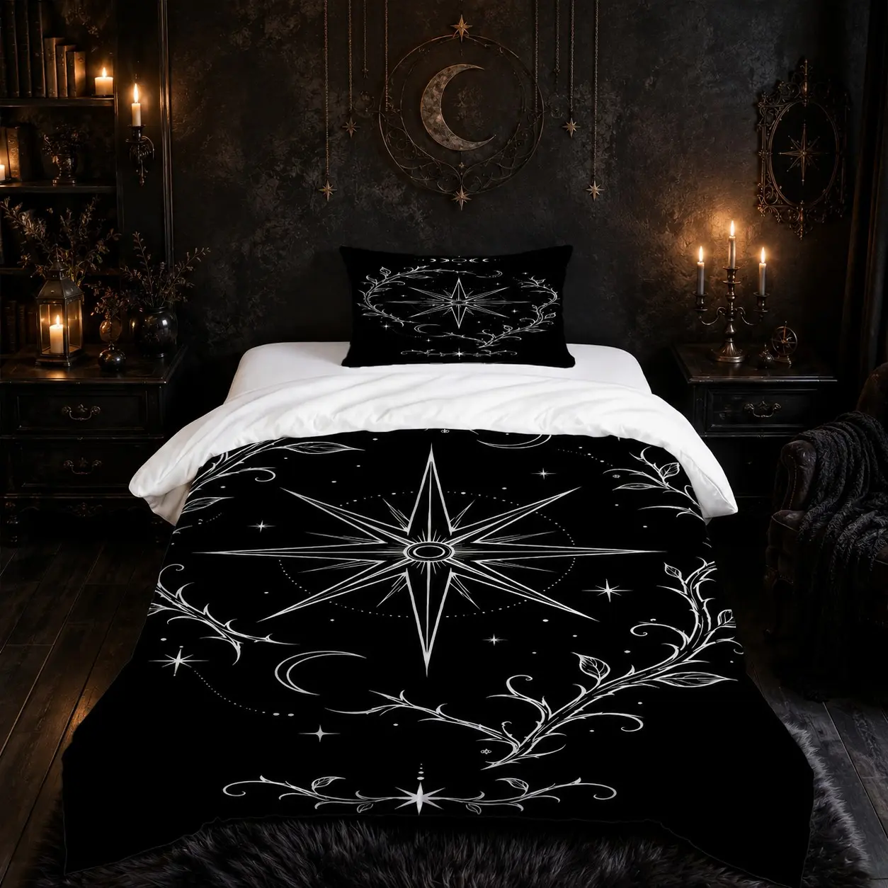 Gothic Vine Star Print Duvet Cover Set, 1 Duvet + 1-2 Pillowcases, No Core, Dark Mystery Style, Bedroom Decor, Gift for Teens, All Seasons