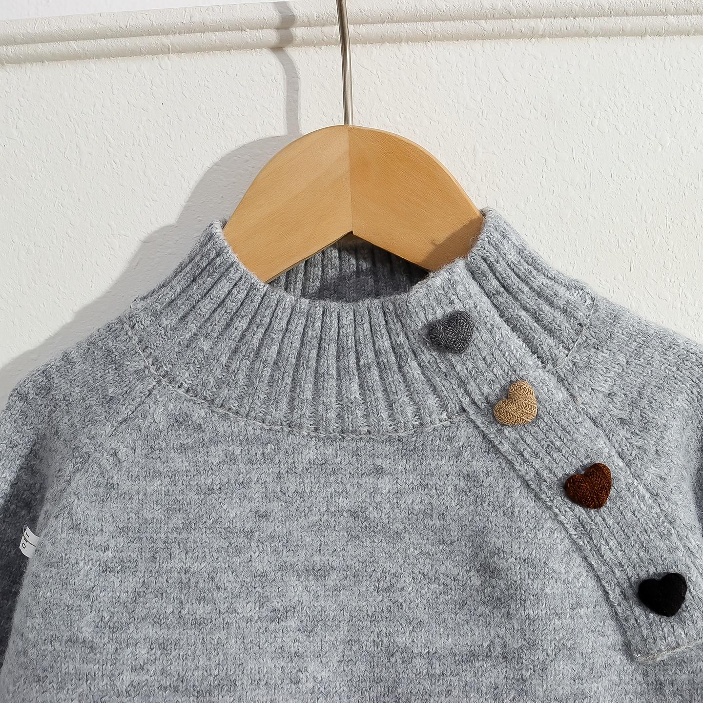 Girls' Cozy Knit Sweater - Long Sleeve Crew Neck, Geometric Pattern, Button Detail, Casual Pullover for Fall/Winter, Light Gray, Perfect for Casual Attire, Sweater Dress for Girls(Gift)11