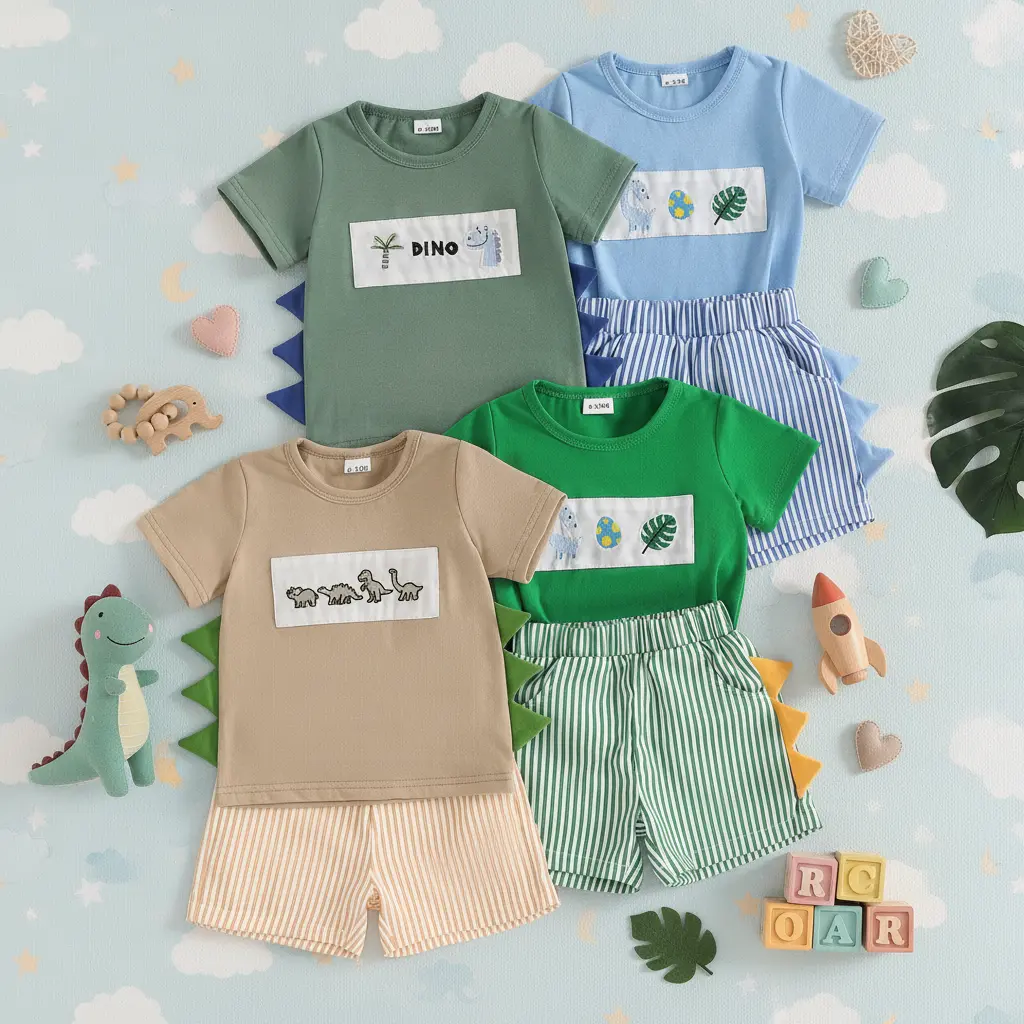 Toddler Boy Outfits, 2-Piece Summer Set with Dinosaur Embroidered Cotton Blend T-Shirt and Striped Polyester Shorts, Elastic Waist, T-Shirt Shorts, Animal Stripe, Baby Boy Clothes, Short Sleeve Tops