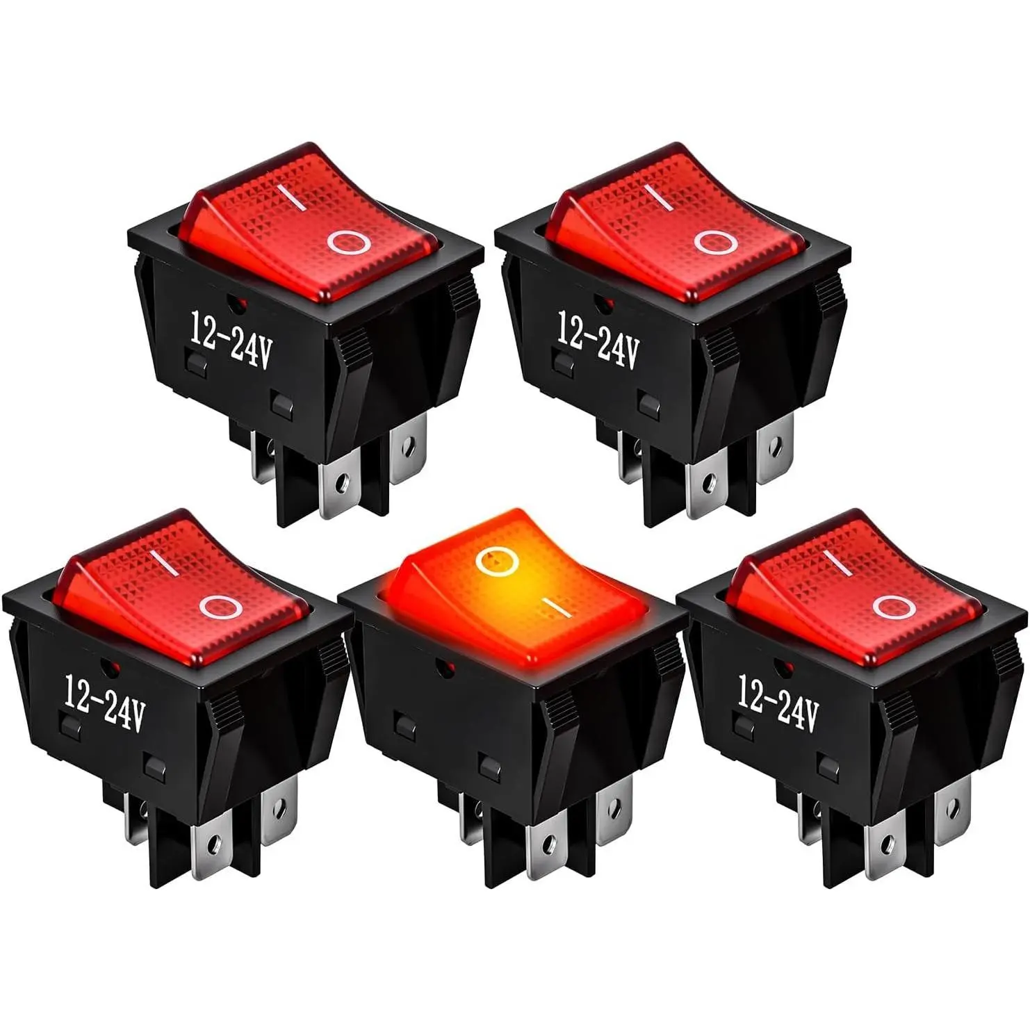 Nilight Toggle Type Auto Lighting Rocker Switches, 12V-24V Red LED Lighted, 4 Plug-In Pins 2-Position ON-Off, KCD4 DPST (5PCS) for Car Automotive, Off-Road Vehicles
