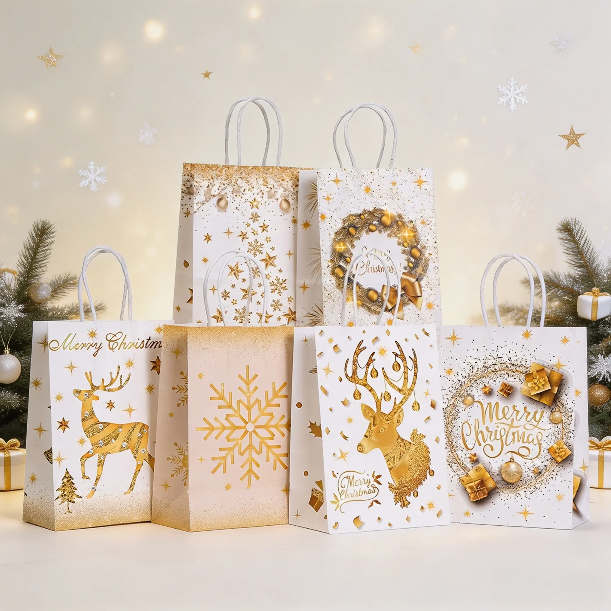 6pcs Gold Christmas Gift Bags, Luxurious Sequin Holiday Totes, Golden Reindeer Bows, Elegant Party Favor Pouches, Foldable Paper Wrappers