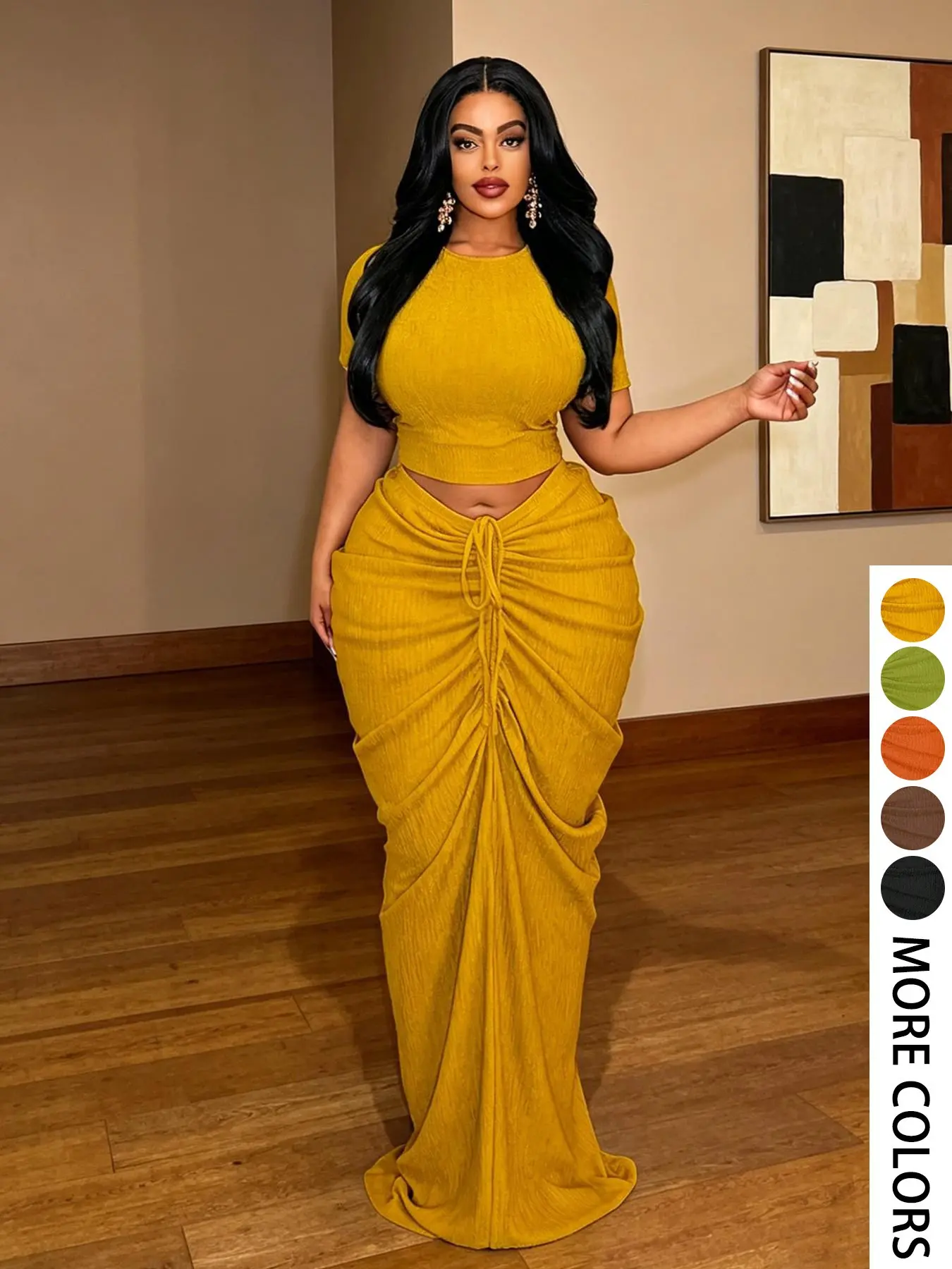 Plus Size Two-Piece Women's Set, Ribbed Short Top & Drawstring Pleated Skirt, Sexy Slim Fit Party, Curvy Friendly Fashion