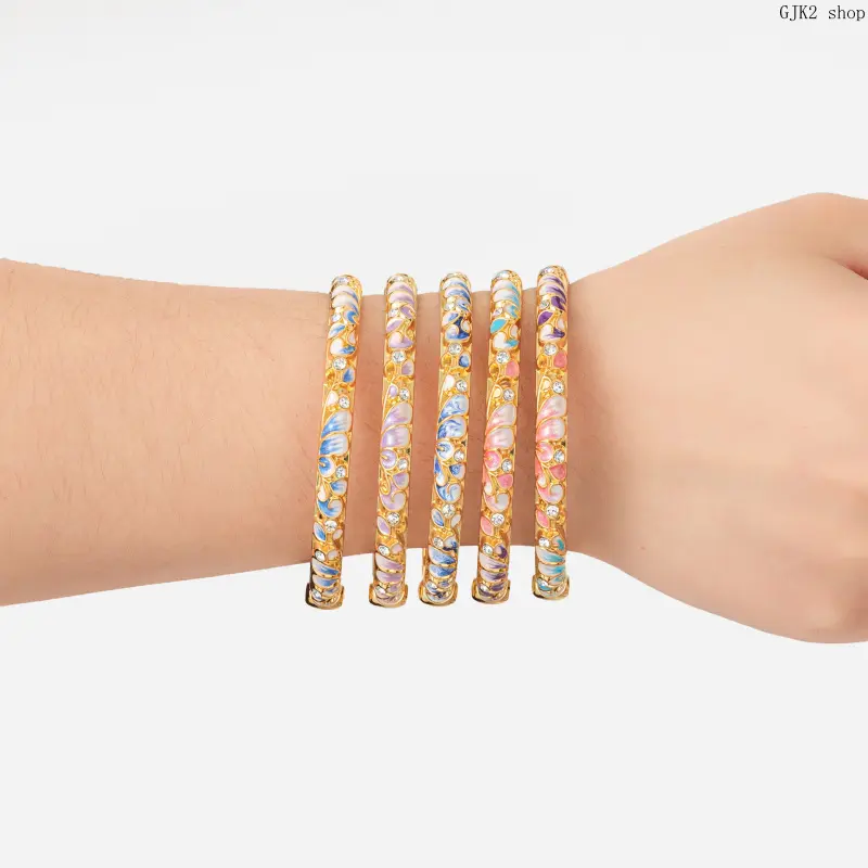 Cloisonne Enamel Rhinestone Bangle Bracelets, Vintage Gold Hollow Floral Open Cuff Bangles, Elegant Chinese Palace Style Enamel Crystal Bracelet Jewelry for Women Gift