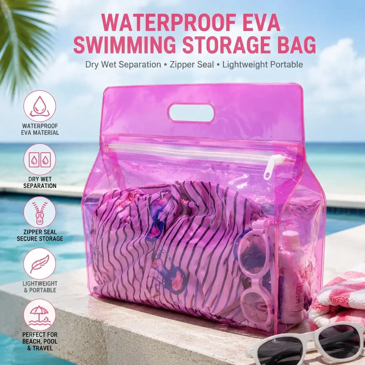 2-Piece Waterproof EVA Swim & Beach Bag Pouches, Lightweight Dry Bag Set that Separates Wet/Dry Items with Leak Proof Zipper for Travel, Lightweight Design, Swimming Bags