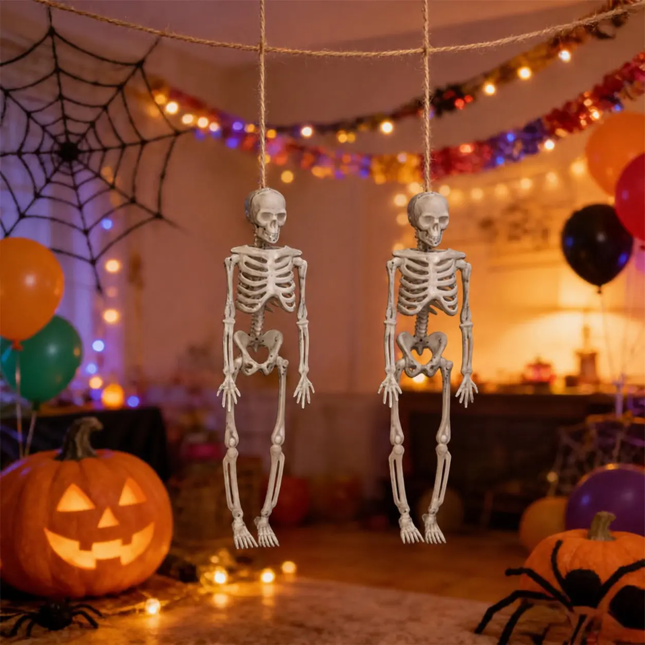 2PCS Halloween Hanging Skeleton Decorations, 6.89in Mini Skeleton Ornaments with Rope, Spooky Party Decor for Home, Door, Tree & Haunted House