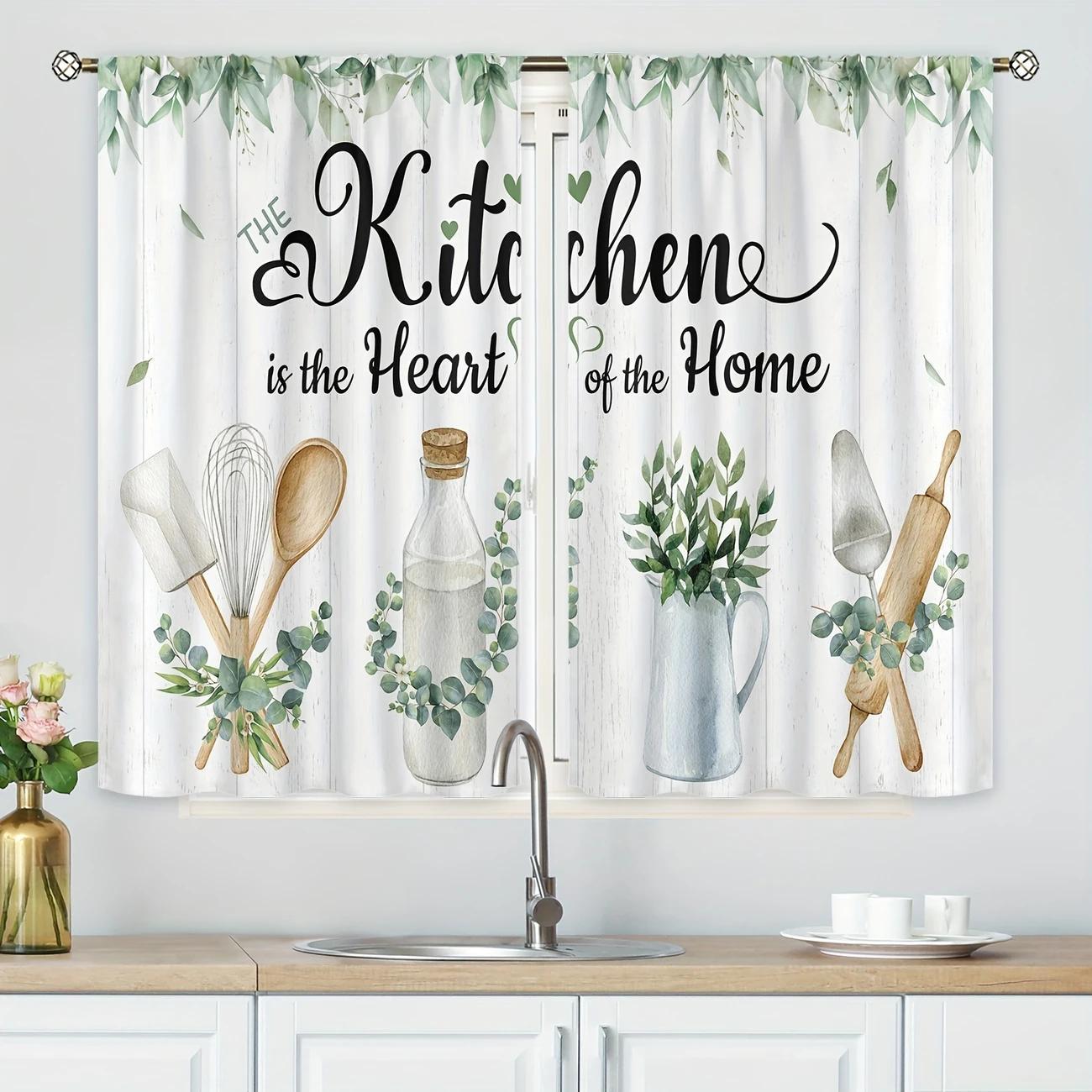 Rustic Eucalyptus Leaf Kitchen Window Curtains, Farmhouse Natural Pocket Rod Decor for Kitchen, Cafe, Office, Living Room & Dining Room, Home Decorative Curtain, Home Decoration Curtain
