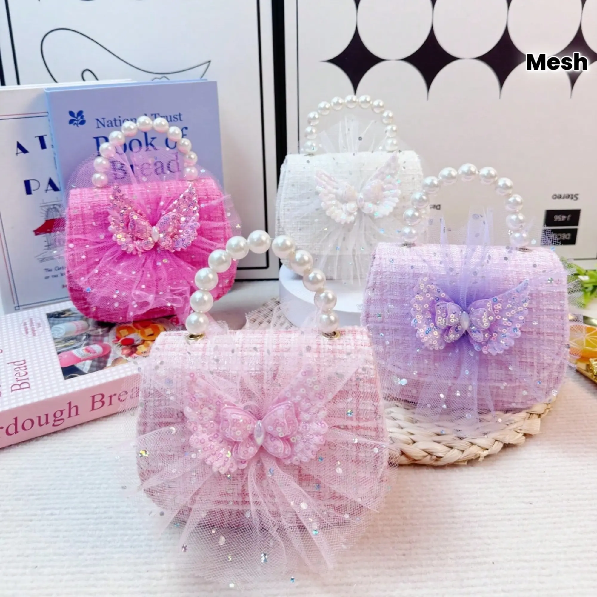 1pc Mini New Style Girls' Fabric Pearl Handbag, Cute Flip-Top Magnetic Closure, Bow Patch, Mesh Decoration, Adjustable Strap Shoulder Bag, Crossbody Bag, Coin Purse, Ideal for Birthday Gifts, Back-to-School Gifts, Holiday Gifts, Outings, for Teenager