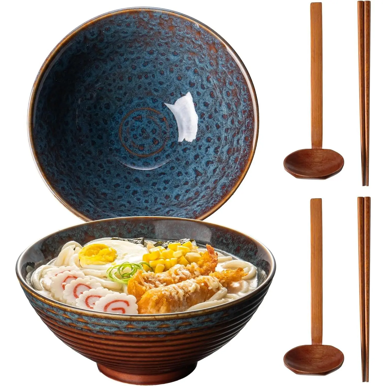 8 Inch 40oz Large  Ramen Bowl Set of 2,Material Safety Ceramic Ramen Bowls with Matching Chopsticks and Spoons, Pho Bowls Ramen Noodle Bowl for  Udon Soup Salad Cereal(Peacock Tail)
