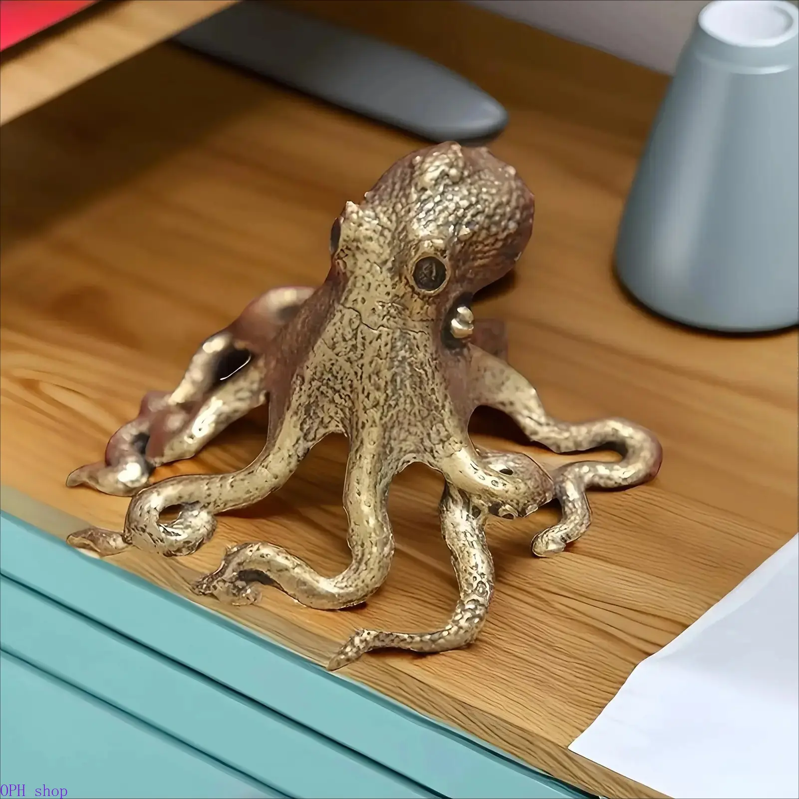 Vintage Solid Brass Octopus Statue, Collectible Mini Animal Decoration for Home Office Desktop Display, Animals, Figure
