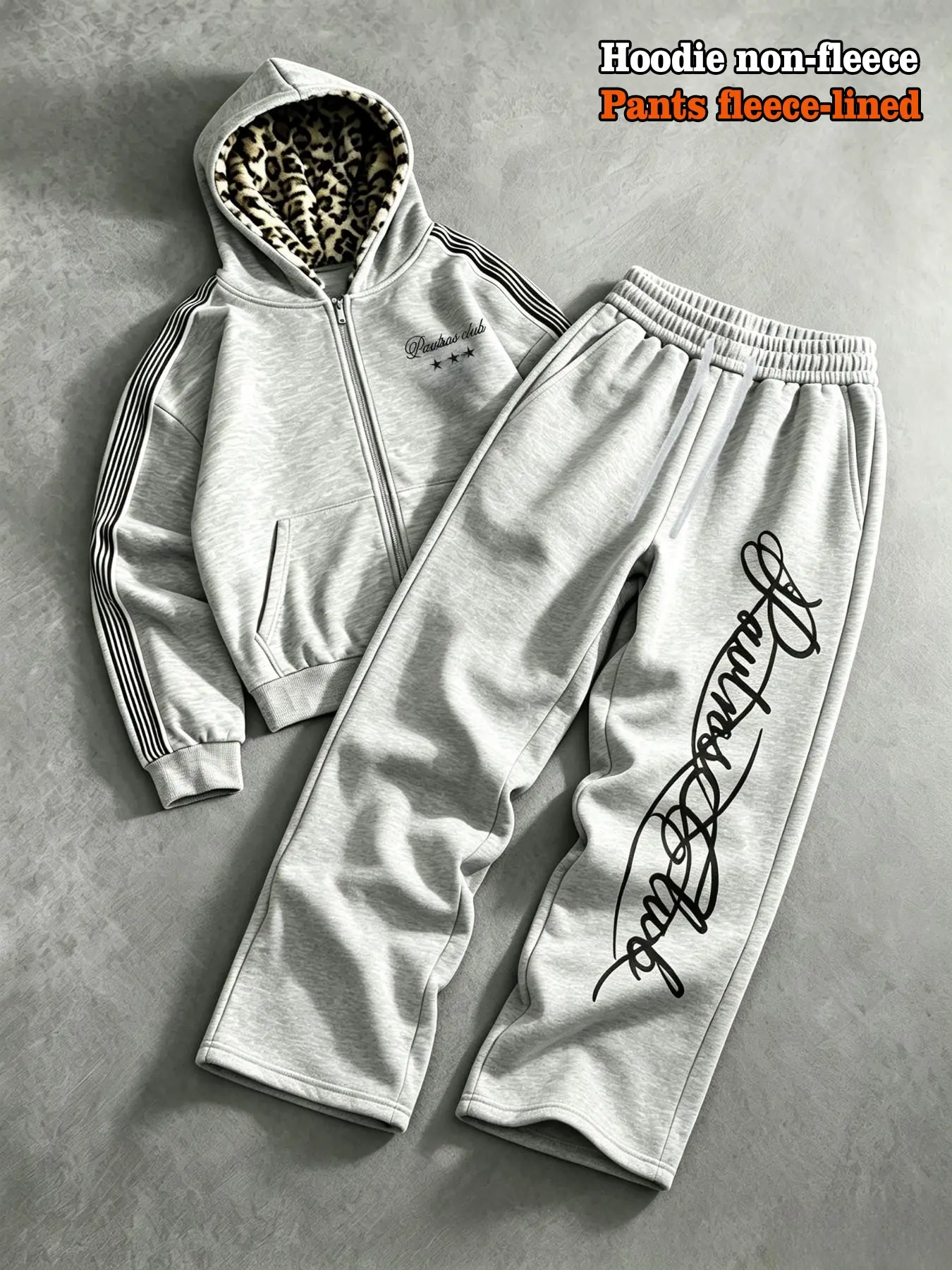 Men's Two-Piece Casual Tracksuit Sports Set, Side Stripes Leopard Inner Zip Hoodie, Vertical Chicano Script Print Wide Leg Pants