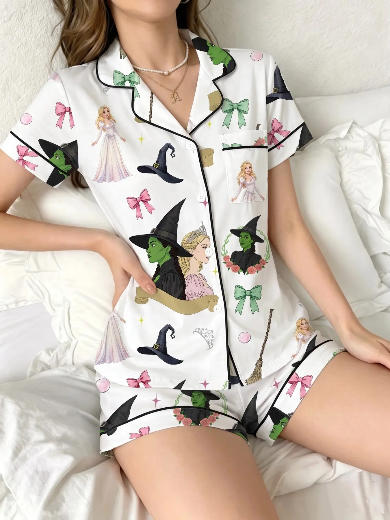 Women's Sleepwear Loungewear Pajama Set 2-Piece, Wicked Elphaba & Glinda Pattern, Comfortable Night Home Wear, Soft Fabric, Casual Daily Use
