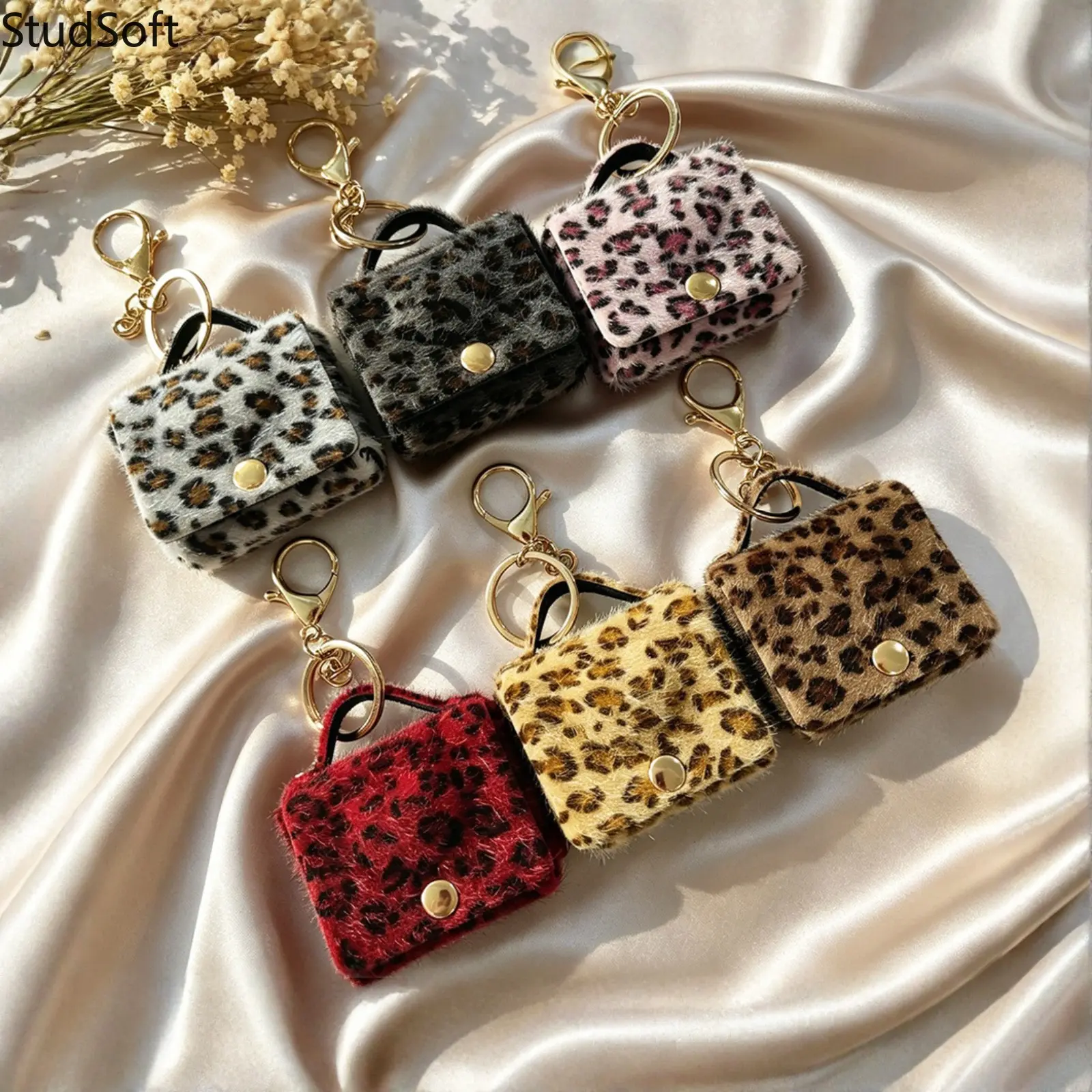 Plush Leopard Mini Purse Keychain Back to School Season Gift Faux Fur Micro Satchel Coin Pouch with Handle Metal Snap Closing Bag Charm for Girls
