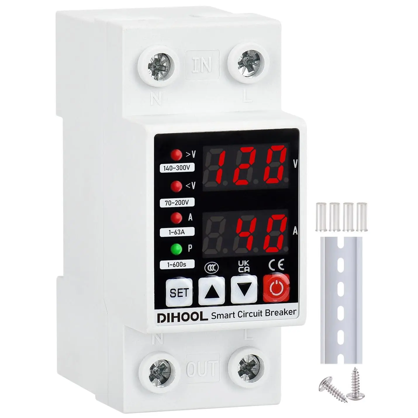 Smart Adjustable Voltage Protector Circuit Breaker - 110V/220V, 70-200V Undervoltage Cutoff, 140-300V Overvoltage Cutoff, 1-63A Overcurrent Protection, Automatic Reset, Solar Disconnect, DIN Rail Install-Capable Electrical Equipment, 1 String Solar Discon