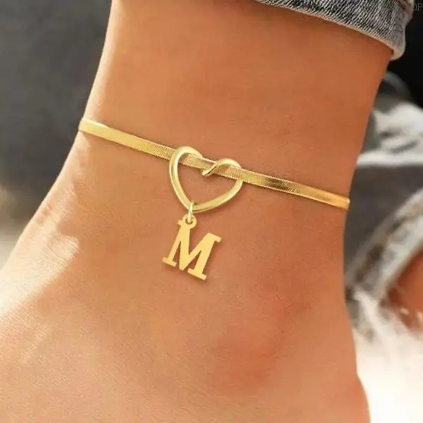 Copper Herringbone Chain Heart Initial Anklet for Women & Girls, Dainty Versatile Daily Foot Jewelry, Elegant Accessory as a Sweet Birthday Gift for Her