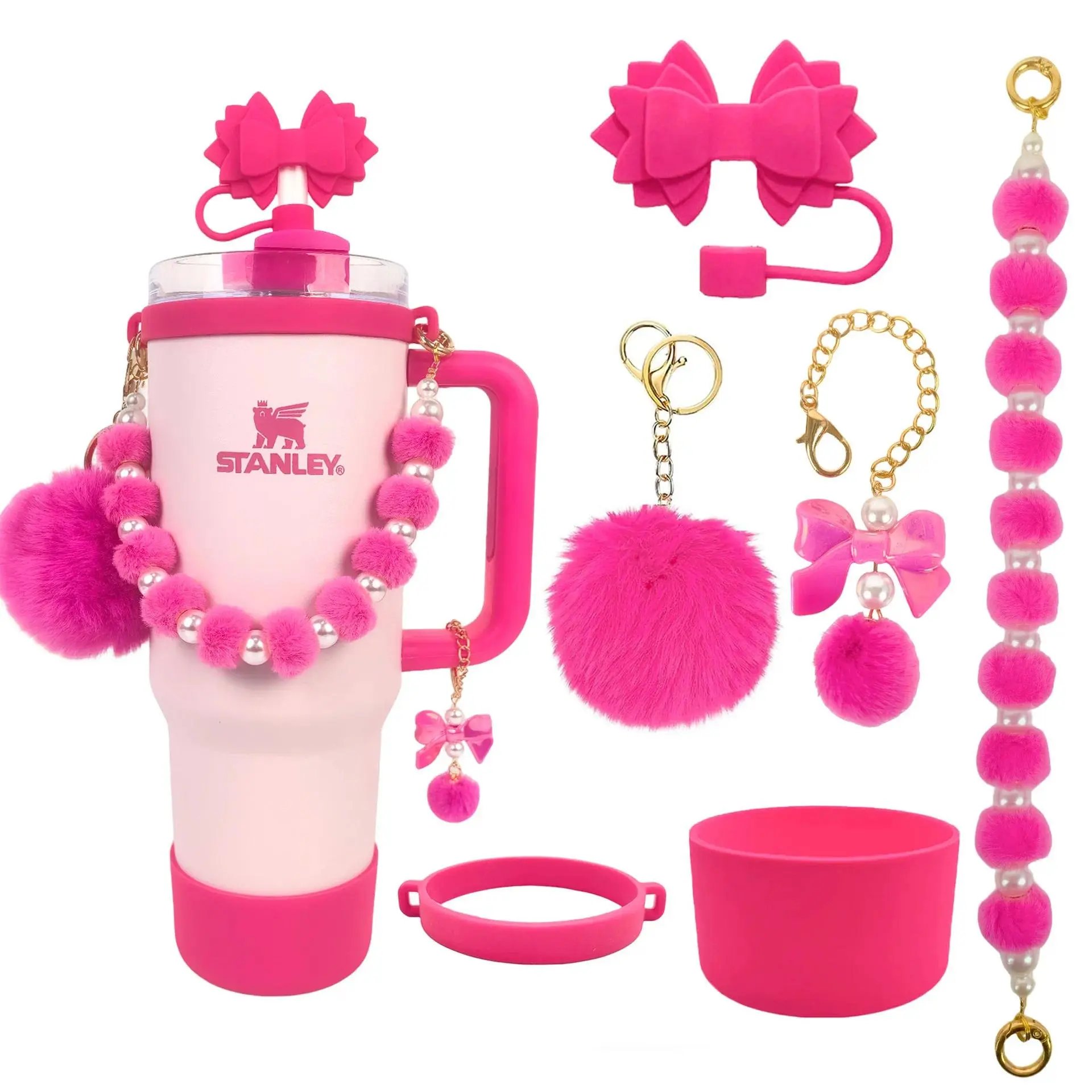 For Stanley Cup Tumbler Accessory Set Pink Cherry Blossom Pearl Chain Strap Straw Cap Silicone Boot