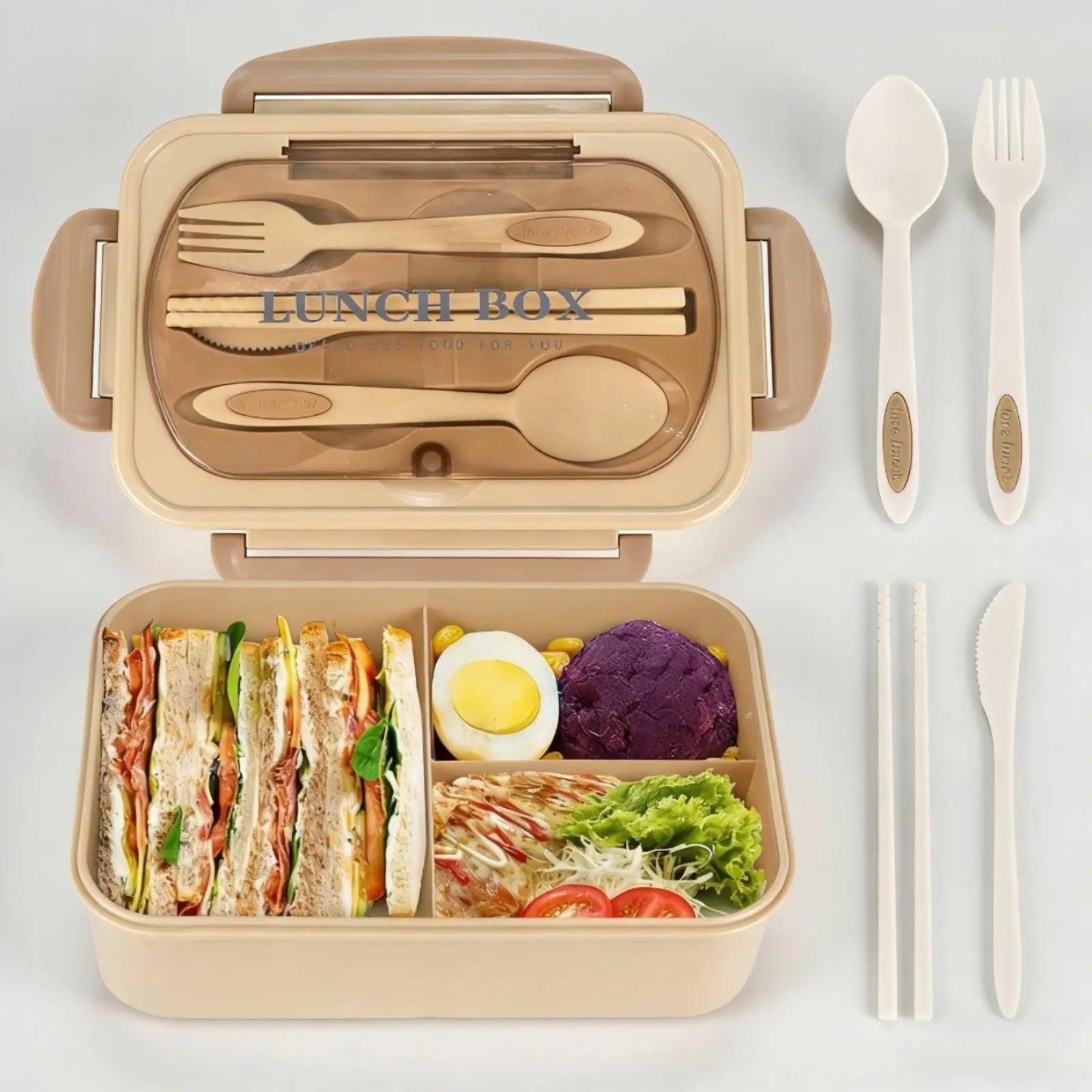 3-Compartment Adult Bento Box, Leak-Proof Microwave Safe Portable Lunch Container with Matching Utensils, Reusable Daily Food Storage Meal Prep Box, Lunch Boxes