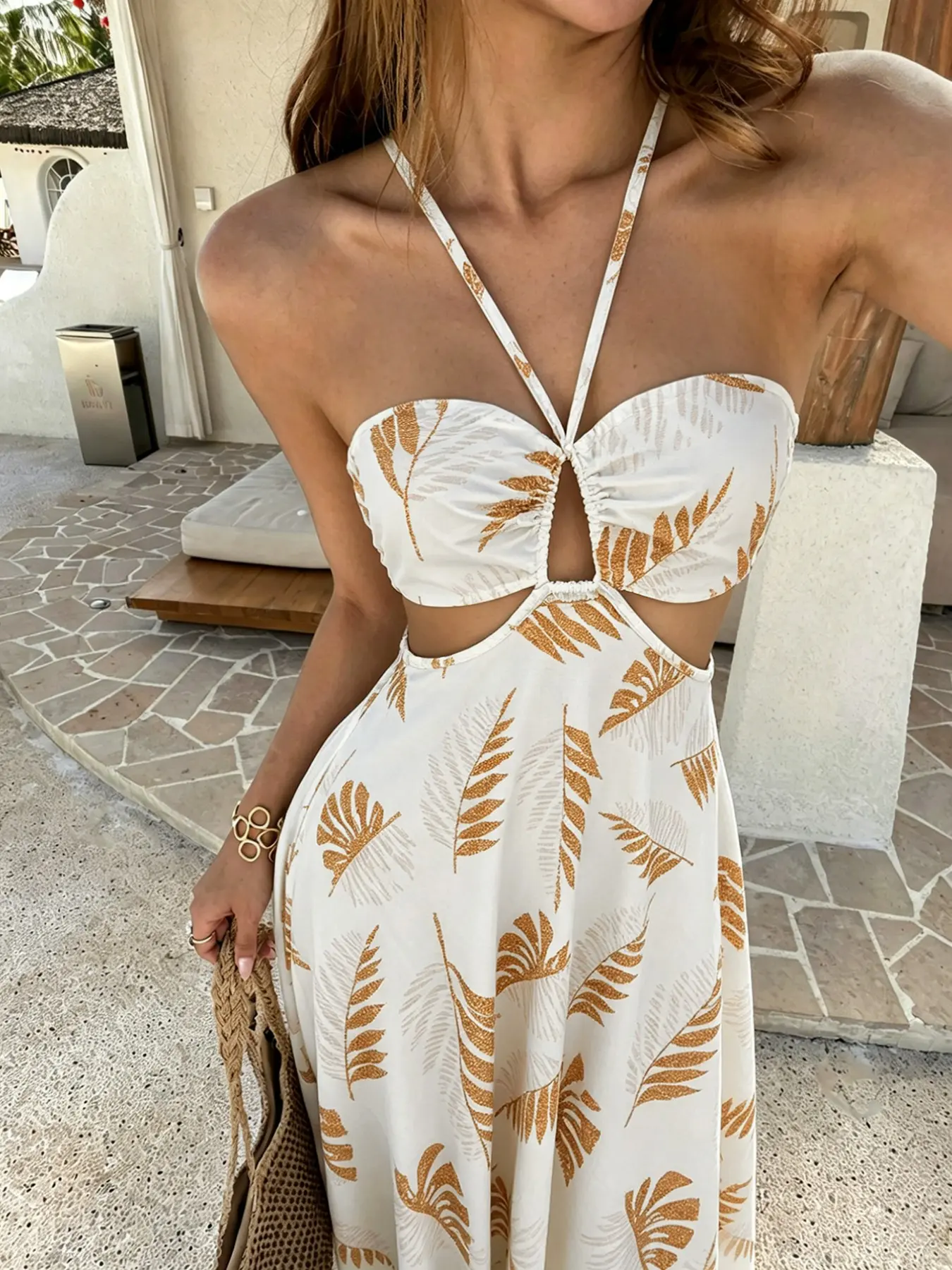 New Sexy Chic Bohemian Beach Vacation Cutout Tie Leaf Print Long Dress Sleeveless, Backless Halter Neck, Boho Style, Women's Summer Fashion