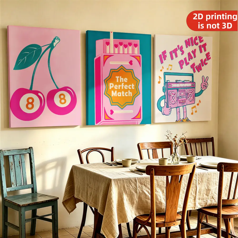 2D Flat, 2D Flat 3pcs Framed Canvas Posters And Prints Wall Art Canvas Set Pink Blue And White Cherry Matchbox And Music Player Prints for Dining Room Decor 12 X 16 Inch/ 30 X 40 Cm