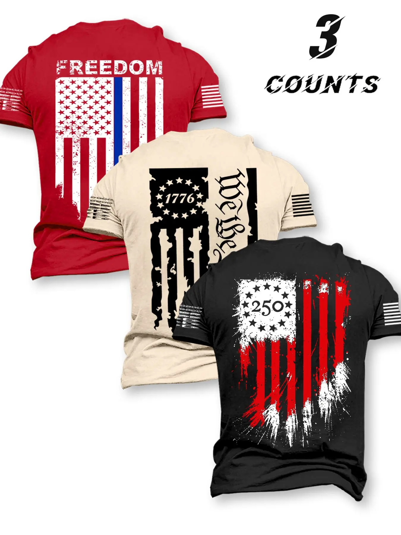 American Vintage 1776 Flag Print Short Sleeve Loose Fit Round Neck T-Shirt, Breathable Casual Summer Clothing Men's Top, Retro Freedom Style