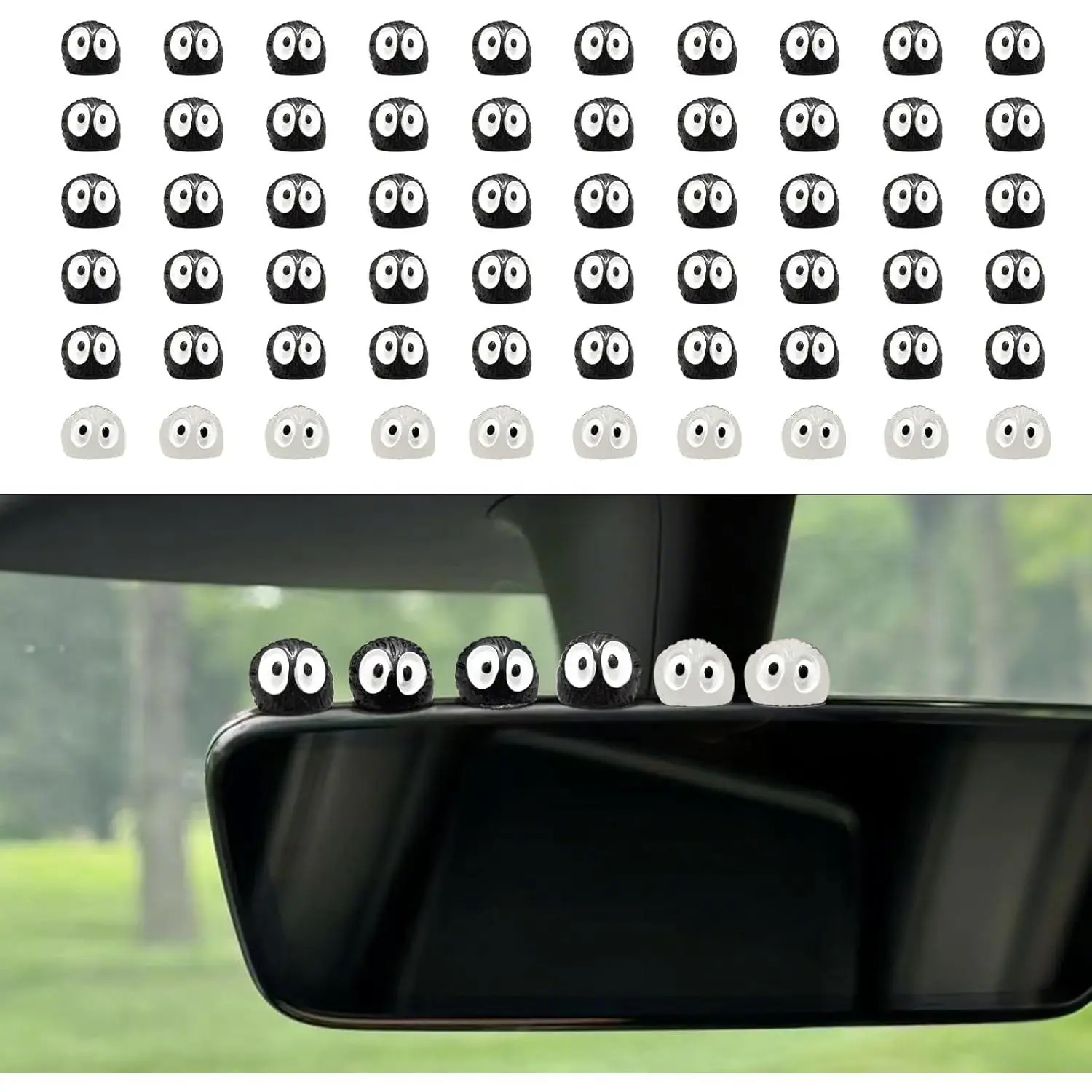 60-Count Kawaii Mini Figure Car Decorations with Adhesive Dots - 50 Black,10 Glow-in-Dark Rearview Mirror Charms,Synthetic Dashboard Accents for Cars Interior