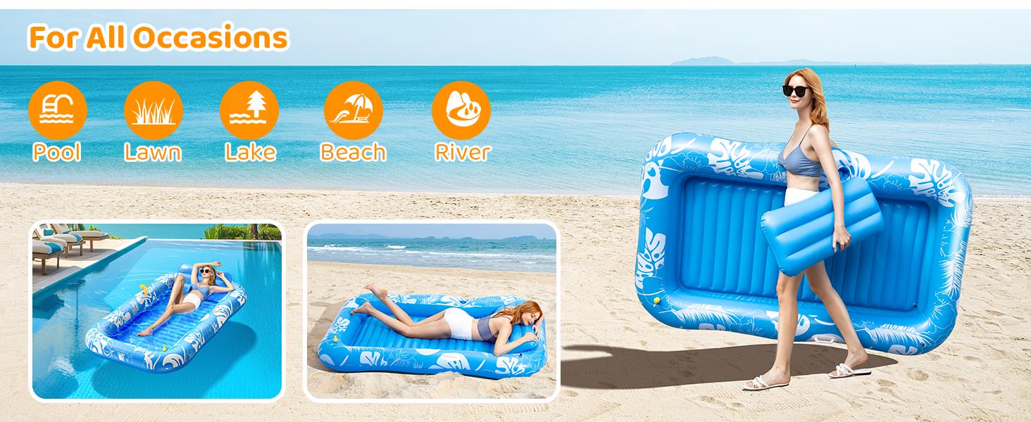 Inflatable Tanning Pool Lounger Float with Sprinkler, 77" x 48" Pool Floats Adult with Pillow, 6 in 1 Suntan Tub Raft Floatie with Drink Holder Sunbathing Water Lounge, kids play, splash pads