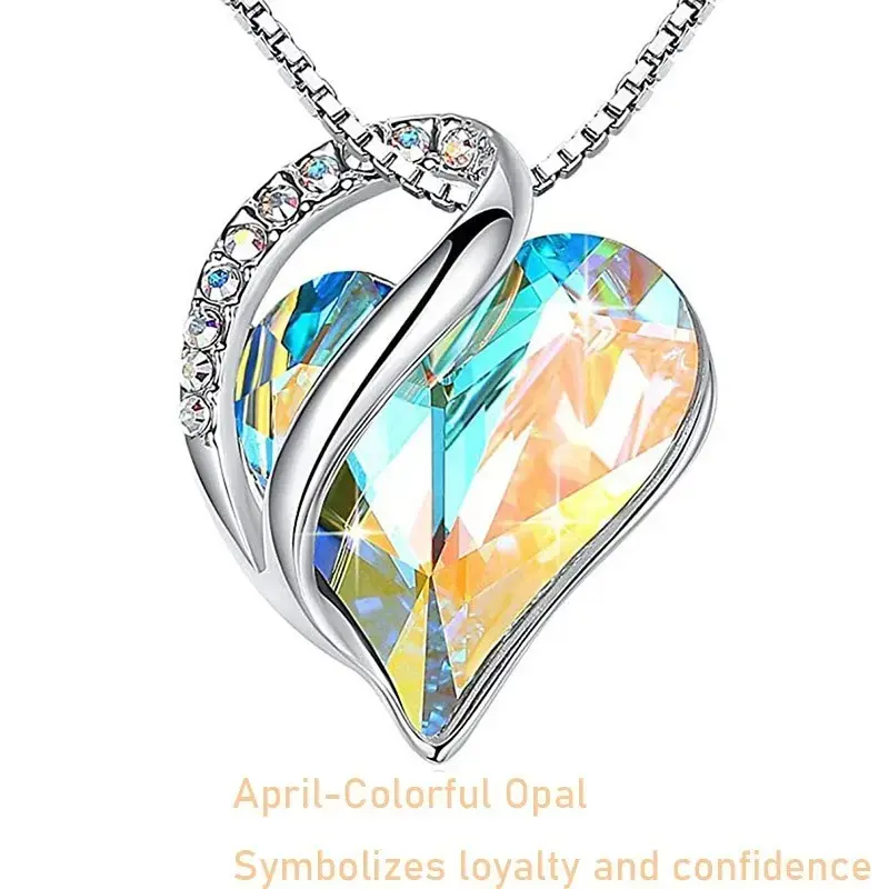 Women's Chain Neckpiece, Heart Shaped Necklace with 12 Monthly Color Choices, April Birthstone Sparkling Crystals Zircon Pendant, Silver Chain, Ideal Romantic Gift for Birthdays/Anniversary Daily Wear