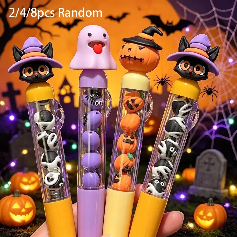 2/4/8pcs pcsHalloween Floating Figure Rotating Gel Pens Pen Set in Random Styles, Featuring 3D Wizard Cat, Pumpkin, and Patterns on the Tips. The Barrels Contain Transparent Cartoon Ornaments, with 0.5mm Smooth Black Ink Refills. Suitable for Students