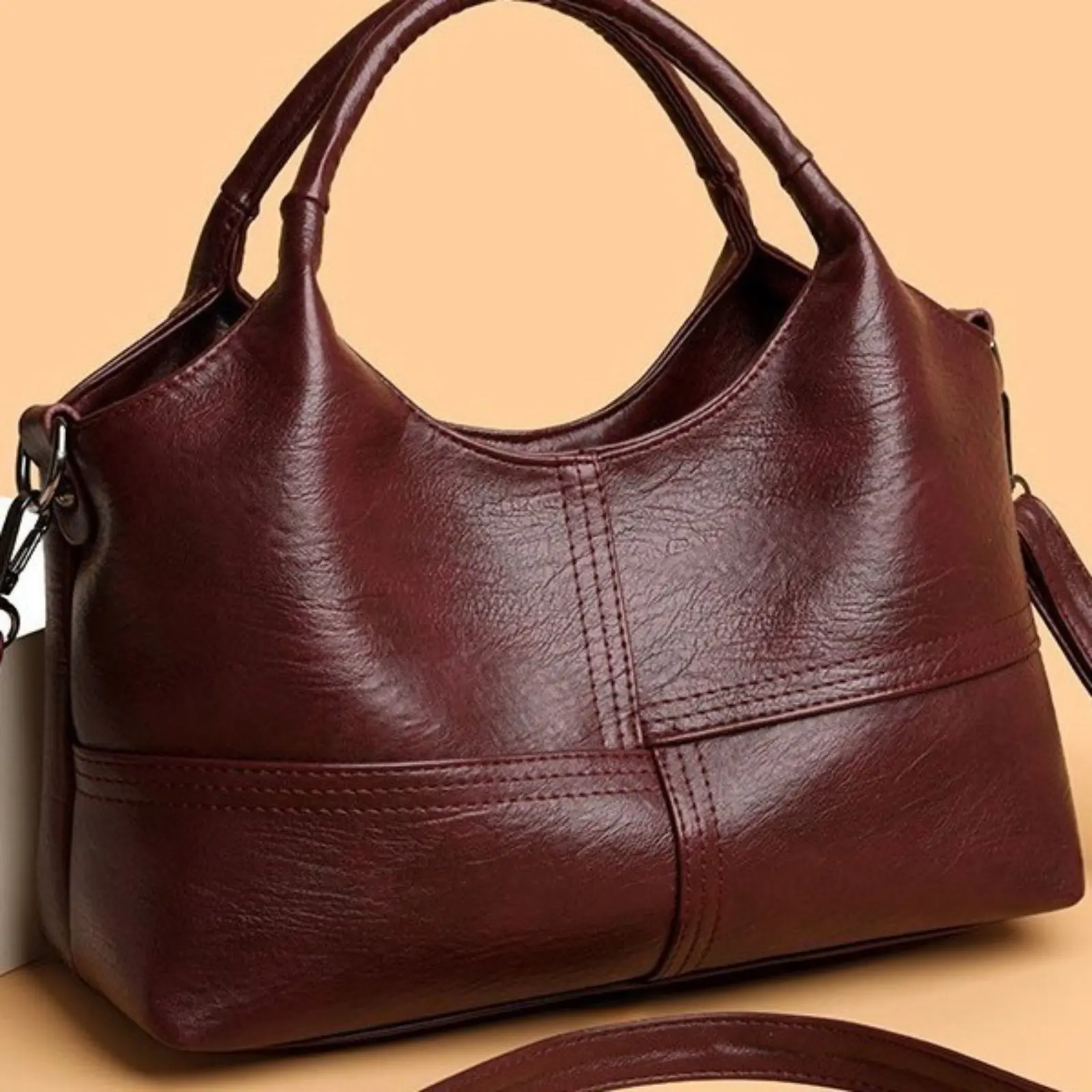 Women Leather Tote Handbag Vintage Soft Leather Large Capacity Shoulder Bag Stitched Patchwork Hobo Bag With Detachable Crossbody Strap Multiway Carry Ladies Work Bag For Laptop Cell Phone Daily Supplies Spacious Wear-resistant Soft Skin Multifunctional P