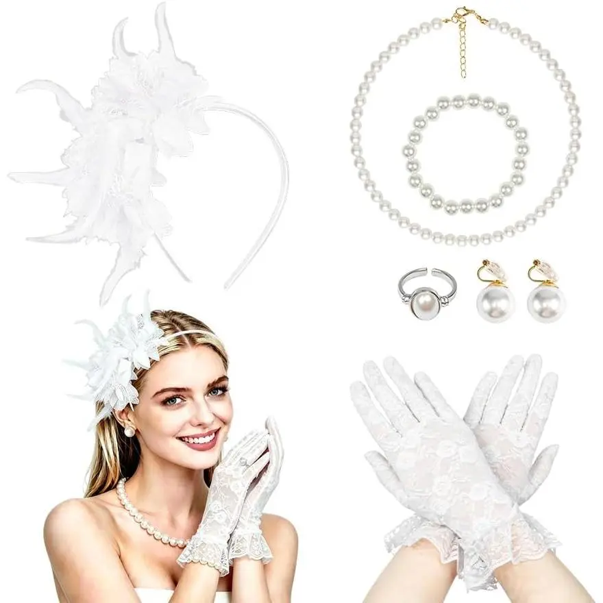 Fascinators Hat for Women,Fascinators and Gloves Set, Party Hat |  Party Hat for Women,Fascinators Hat for Necklace Bracelet Earrings Ring Gloves,  Veil Headband,for Wedding