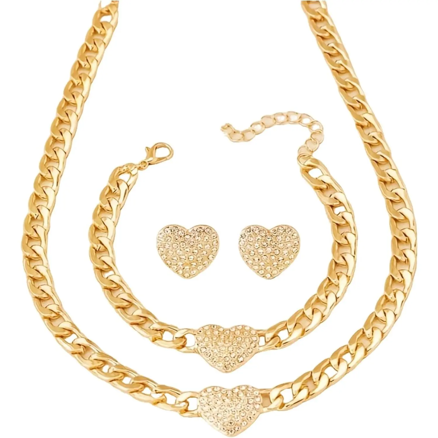 Women's Heart-Shaped Rhinestone Accents Cuban Chain Jewelry Set - 3-Count Chunky Pendant Necklace, Bracelet, Earring for Dating, Birthday Fashion Accessories, Chunky Links