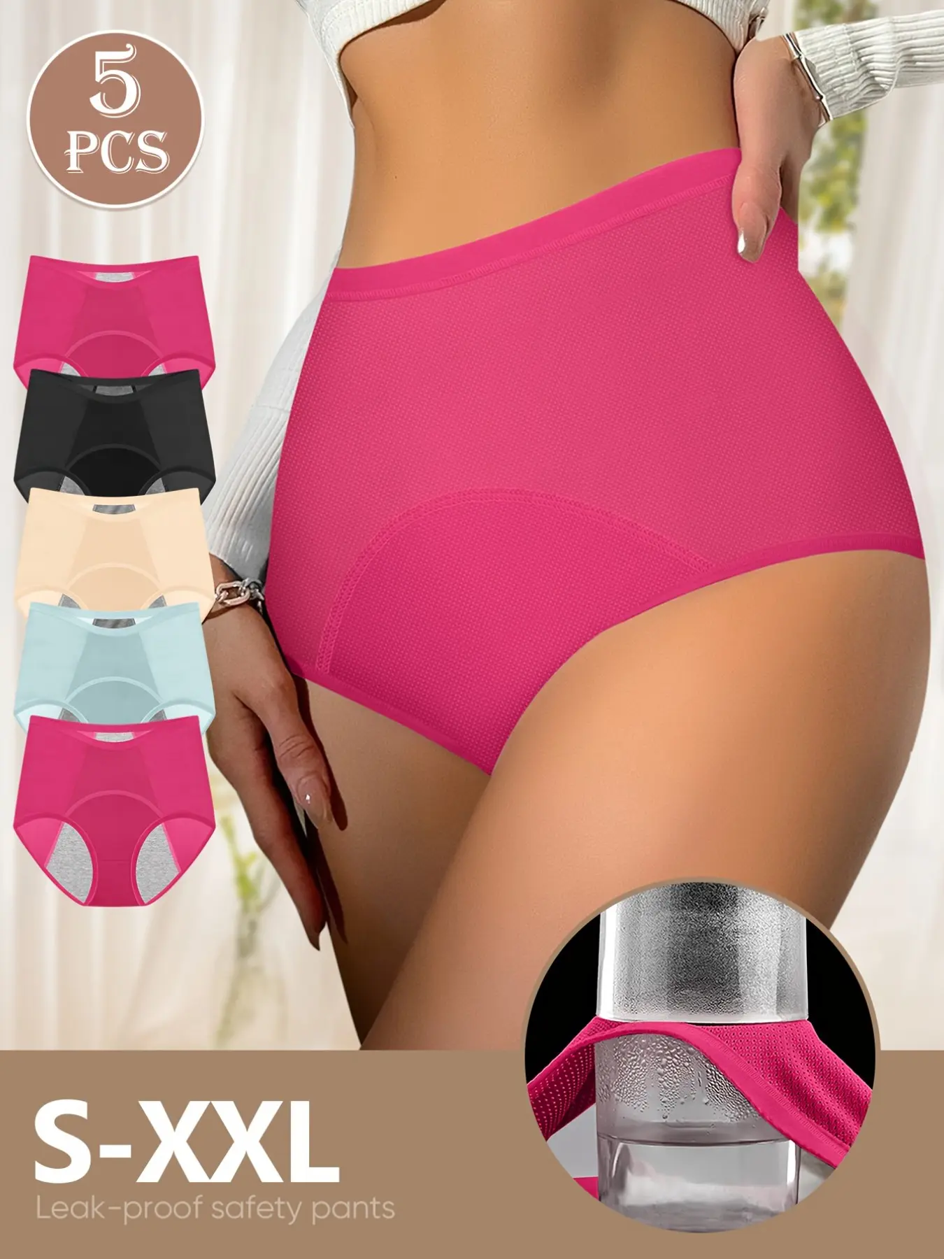 The Must-Have 5-Pack Period Safety Pants, Stain-Free Underwear Panties, Casual Basic Slim-Fitting Plain Design, Ideal for All Seasons, Everyday, Pair with Pads