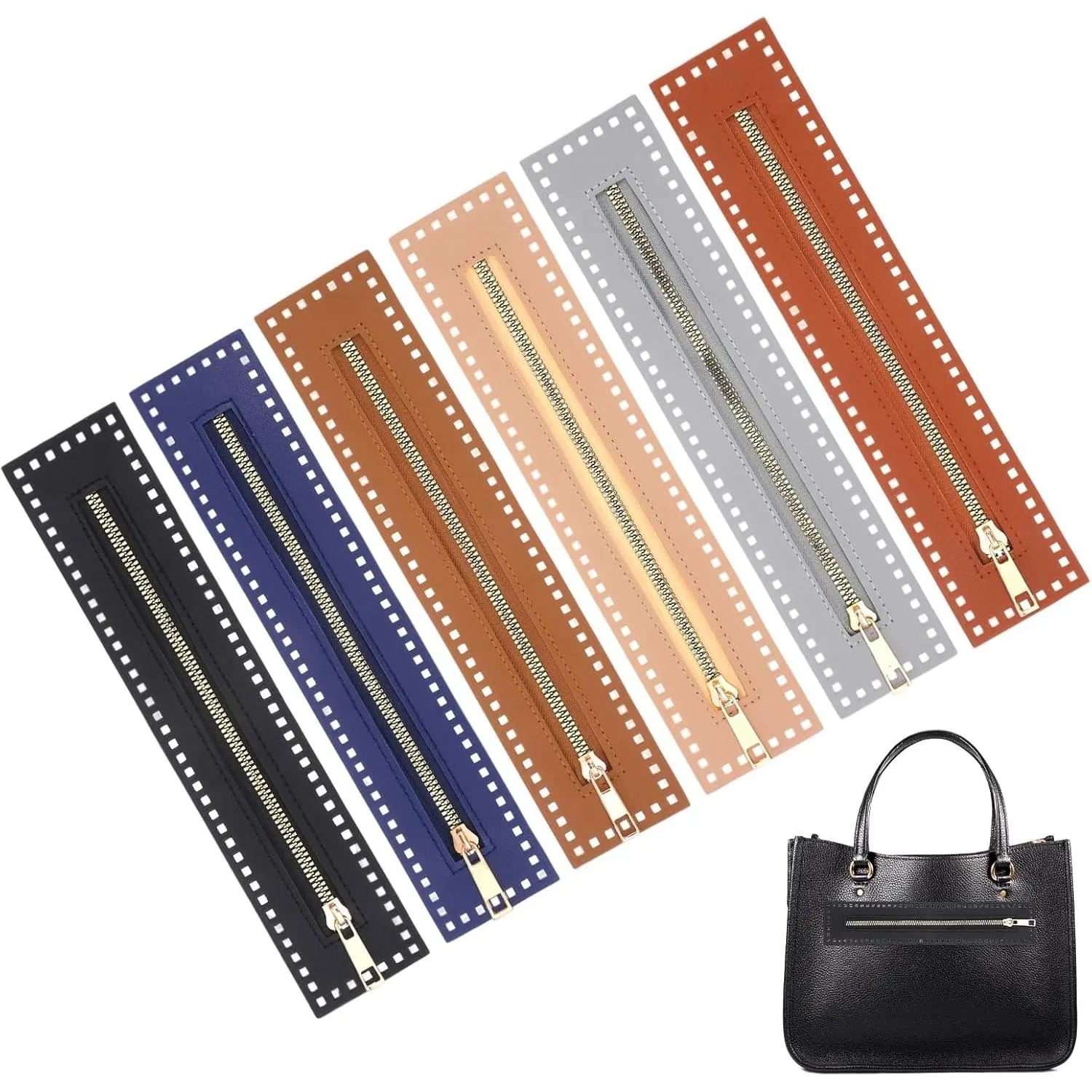 6 Pack PU Leather Crochet Zipper with Holes, 6 Colors 10.62 Inch Zipper for Crochet Bag Leather Sewing Zippers for DIY Bags Purses Wallets Craft Projects