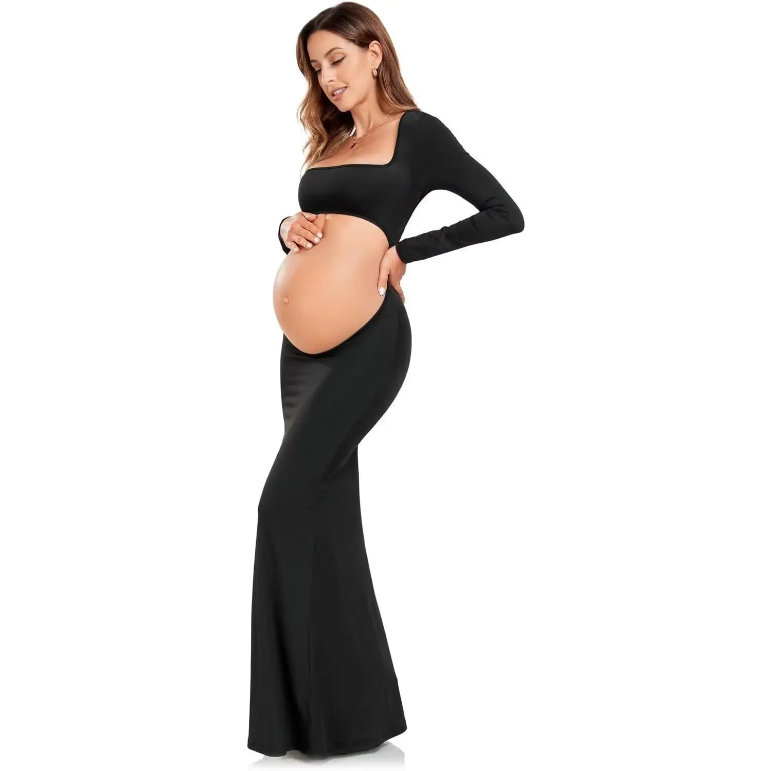 Women's Maternity Gown Dress - Black Long-Sleeve Open Belly Backless Bodycon, Postpartum Clothing, Women's Fashion