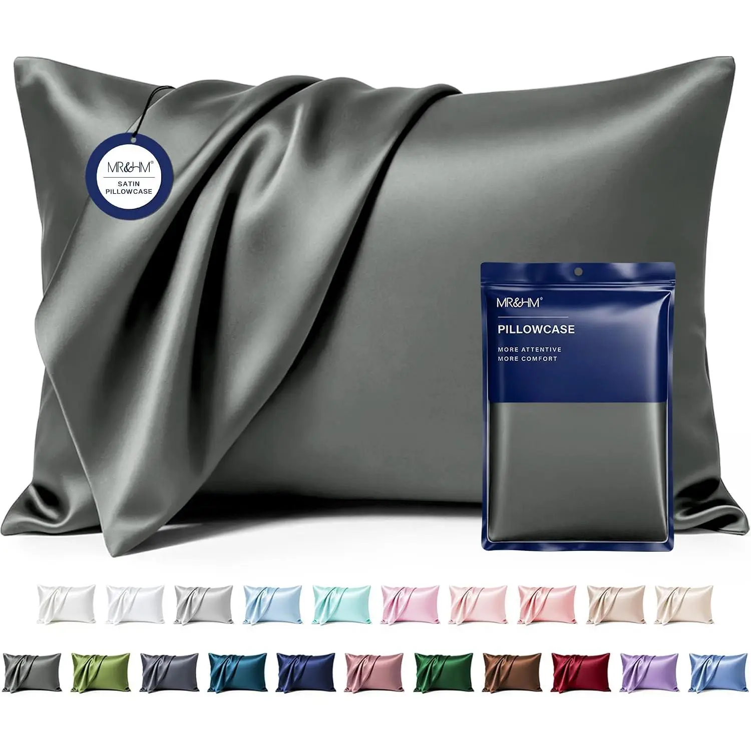 Modern Hypoallergenic Silk Pillowcases 2-Pack, Standard Size (20x26) Dark Grey Envelope Closure Pillow Covers for Hair and Skin