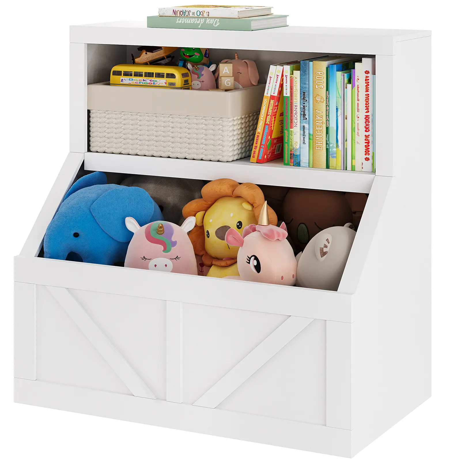 Garvee Wooden 2-Tier Kids Bookshelf Cabinet - Spacious, Durable Organizer with Large Cubbies - Ideal for Playroom, Bedroom, Two-Tiered