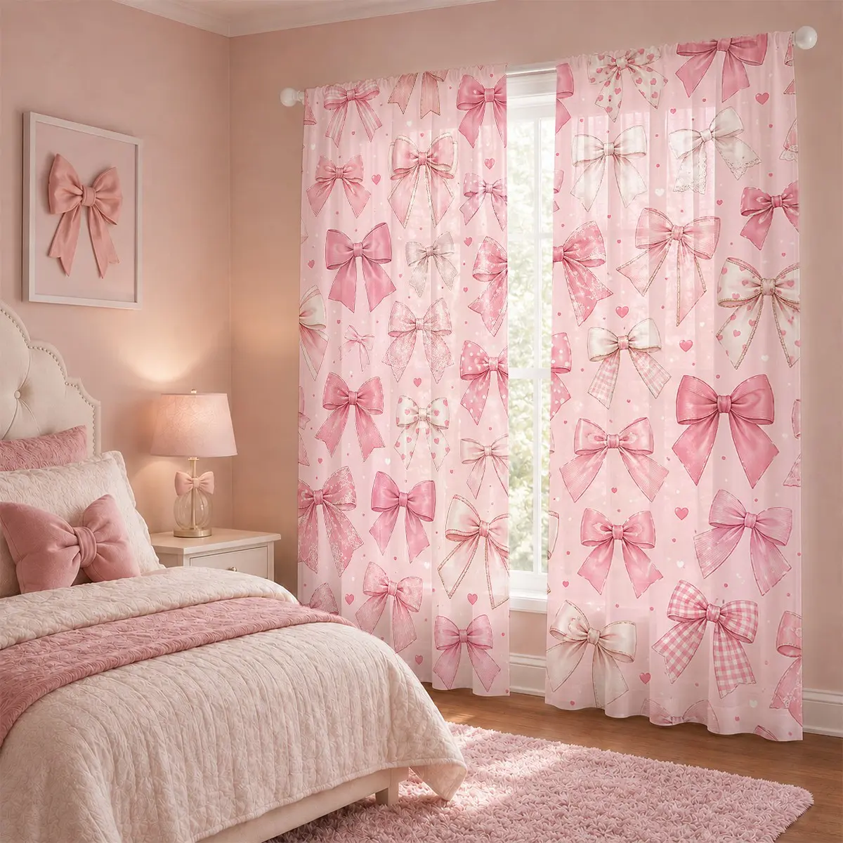 2-piece set, pink bow printed curtains for girls' princess rooms, polyester bedroom curtains with pole bags, home decoration, room soft furniture, Art Style Curtains, Interior decoration accessories, Home Decorative Curtain