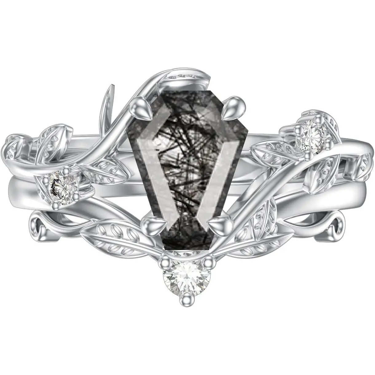 Luyona Women's S925 Sterling Silver Leaf Motif Romantic Non-Natural Crystal Ring - Unique Engagement Ring, Multiple Cuts (Emerald Coffin, Pear, Oval, Kite, Heart, Hexagon) Anniversary Jewelry Gift