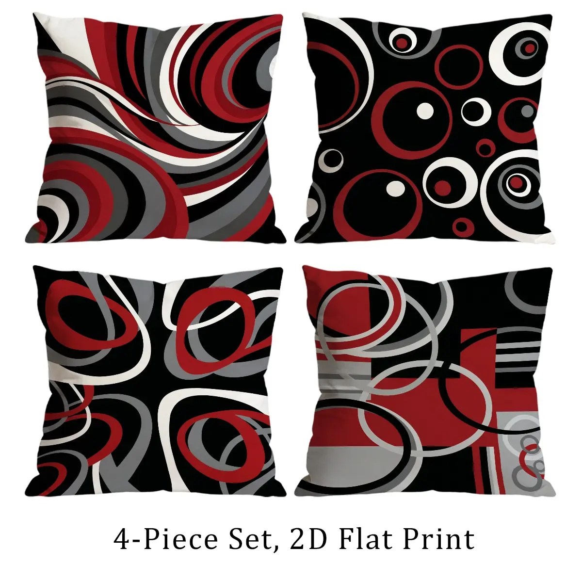 Set of 4 Red Black White Geometric Circle Abstract Art Throw Pillow Covers, 2D Flat Print, Decorative Cushion Cases for Sofa, Living Room & Bedroom 0624A