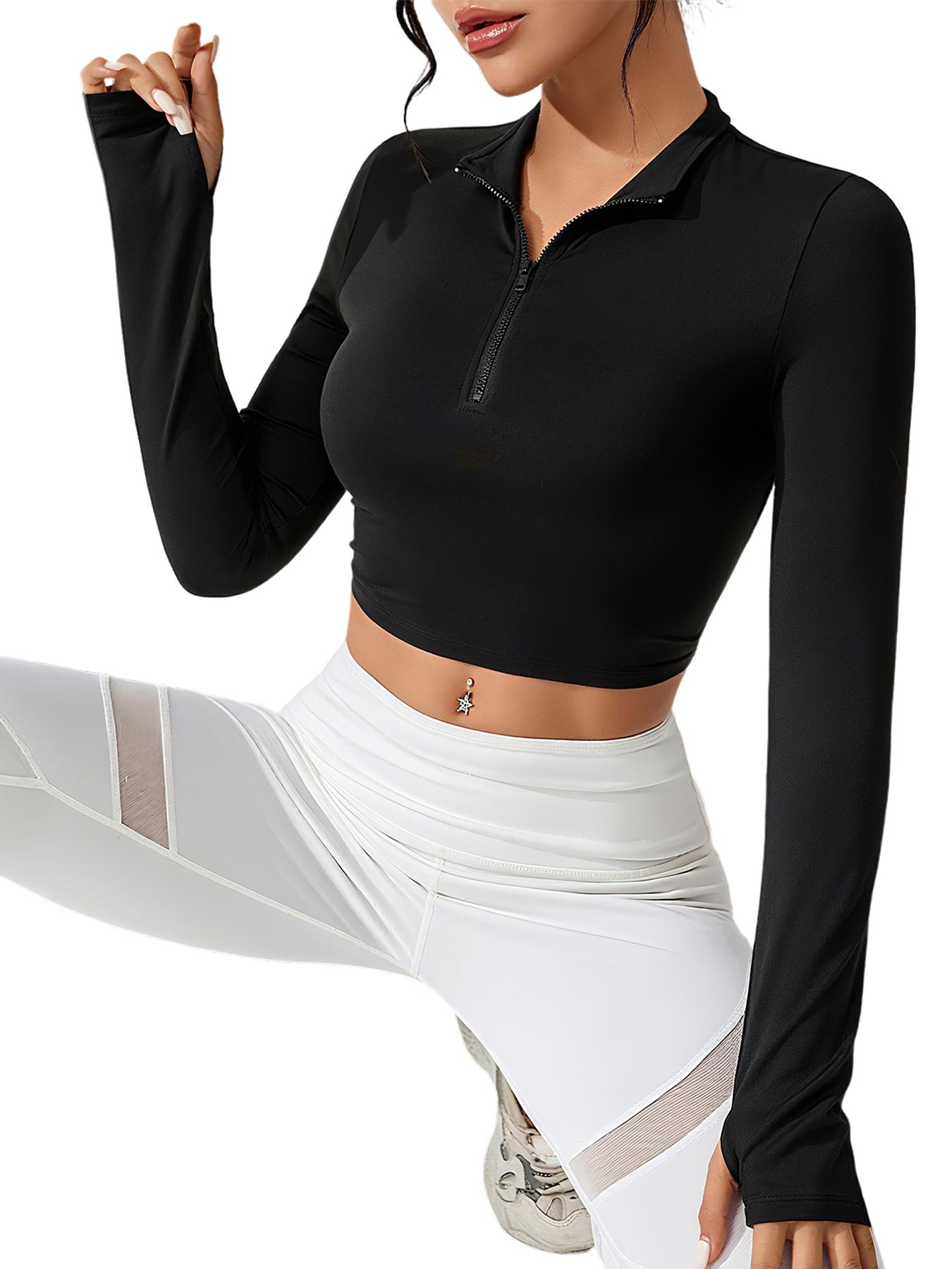 Women's Solid Thumb Hole Long Sleeve Crop Sports Tee, Casual Sporty Comfy Breathable Cropped Top for Yoga Gym Workout, Ladies Sportswear for All Seasons, Fitness Clothes Tops