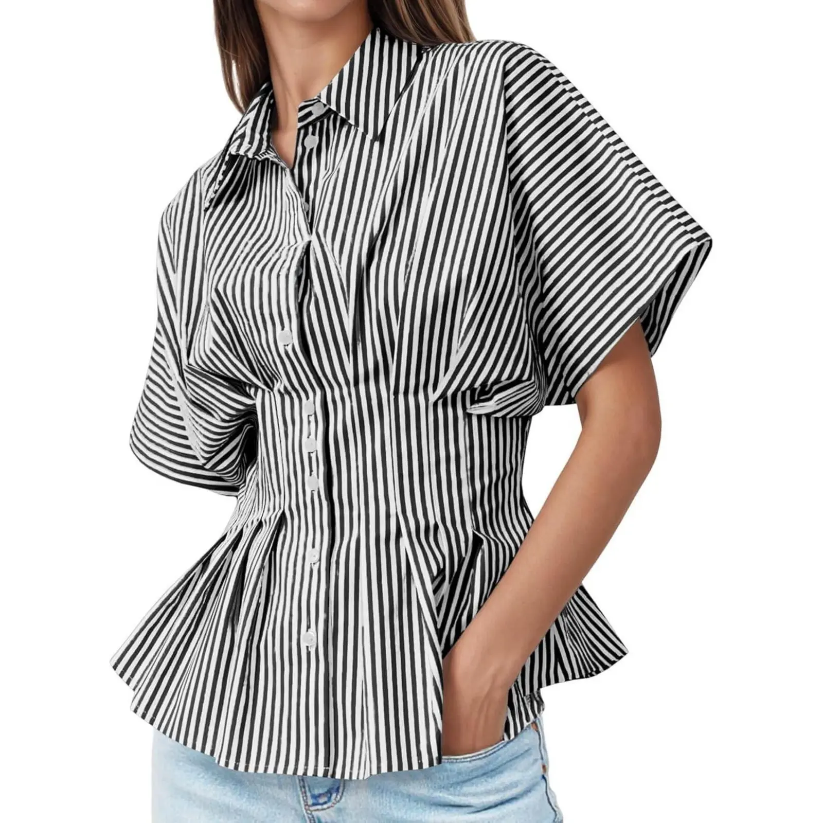 TANKANEO Women's Striped Peplum Button-Down Blouse - Fitted, Waisted, Short-Sleeve Batwing Pleated, Breathable Casual Fashion Wear for Summer Business Casual, Day Use (Women's Clothes), Fashion Apparel, Tops For Women