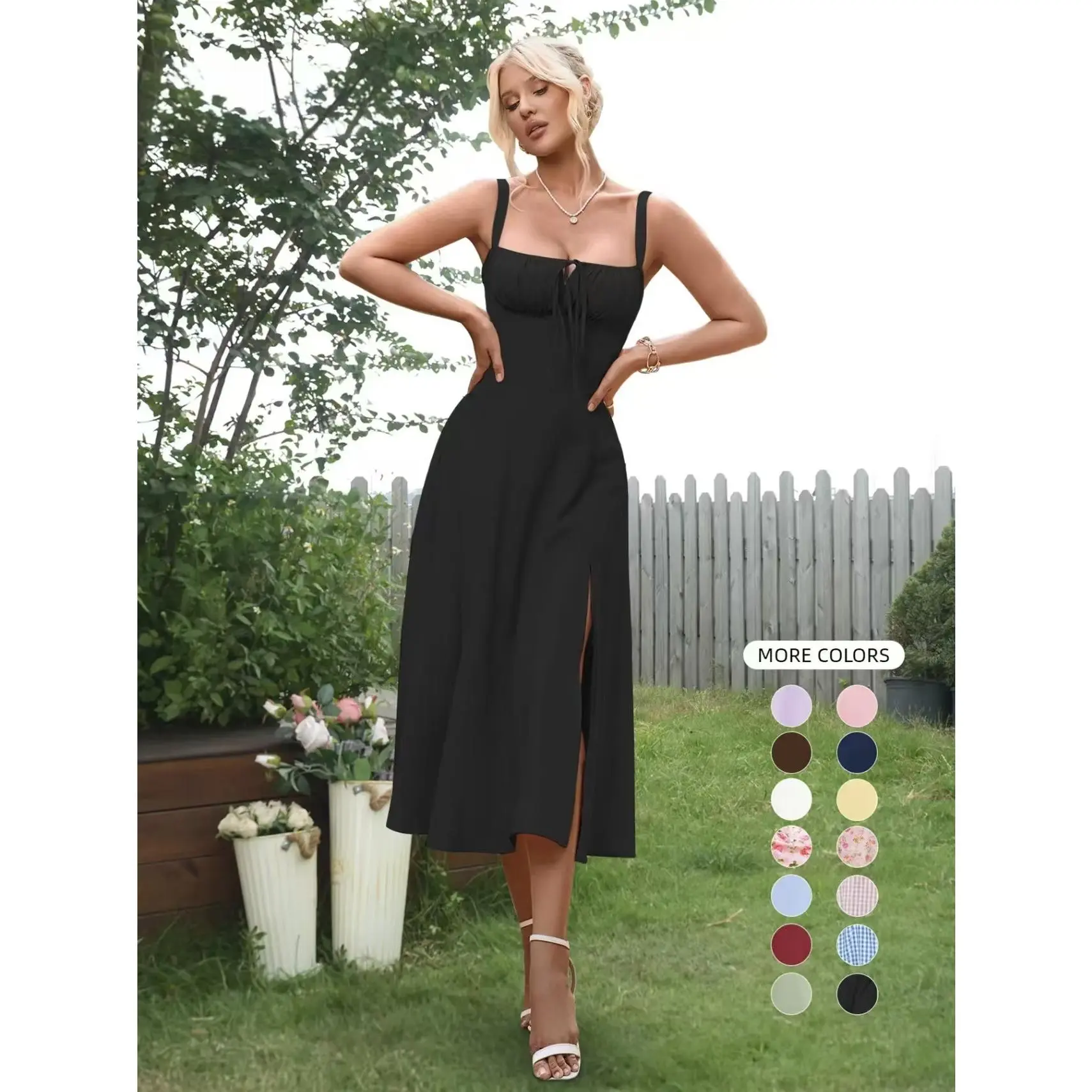Women's Plain Ruched Boning Corset Milkmaid Dress, Lace Up Dress, Party Dress, Fit, Tie Front Dress, Aesthetic Square Neck Midi Dress, Dresses for Women, Frenchy Style Non Bodycon Dress Christmas, Formal Dresses, Adjustable Straps, Formal Wear