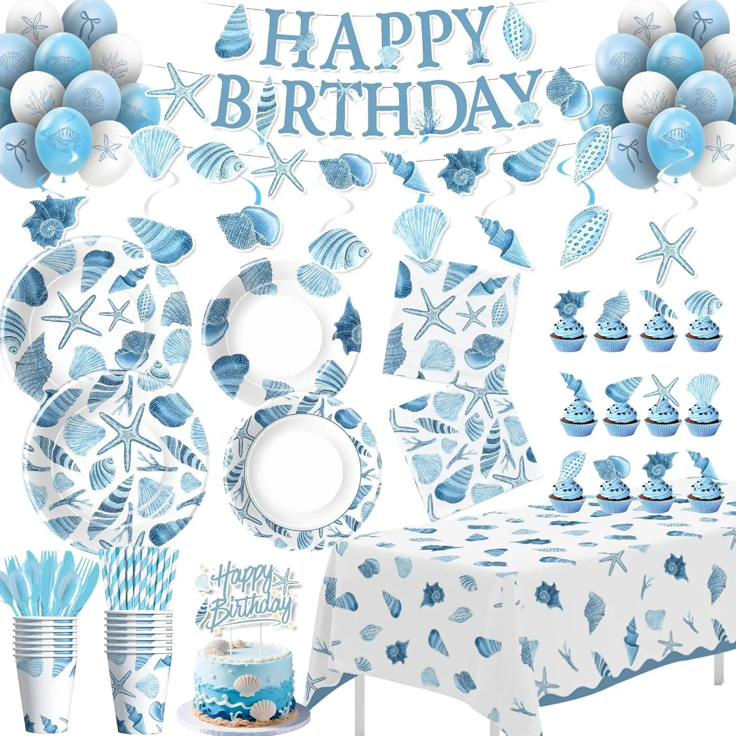 Ocean Seashell Nautical Party Supplies Set, Blue Print Tableware Set with Garland - Beach Summer Birthday Decorations for 24 Guests (Plate, Cup, Napkin, Tablecloth, Banner, Balloon, Swirl, Topper, Cutlery), Party Ideas