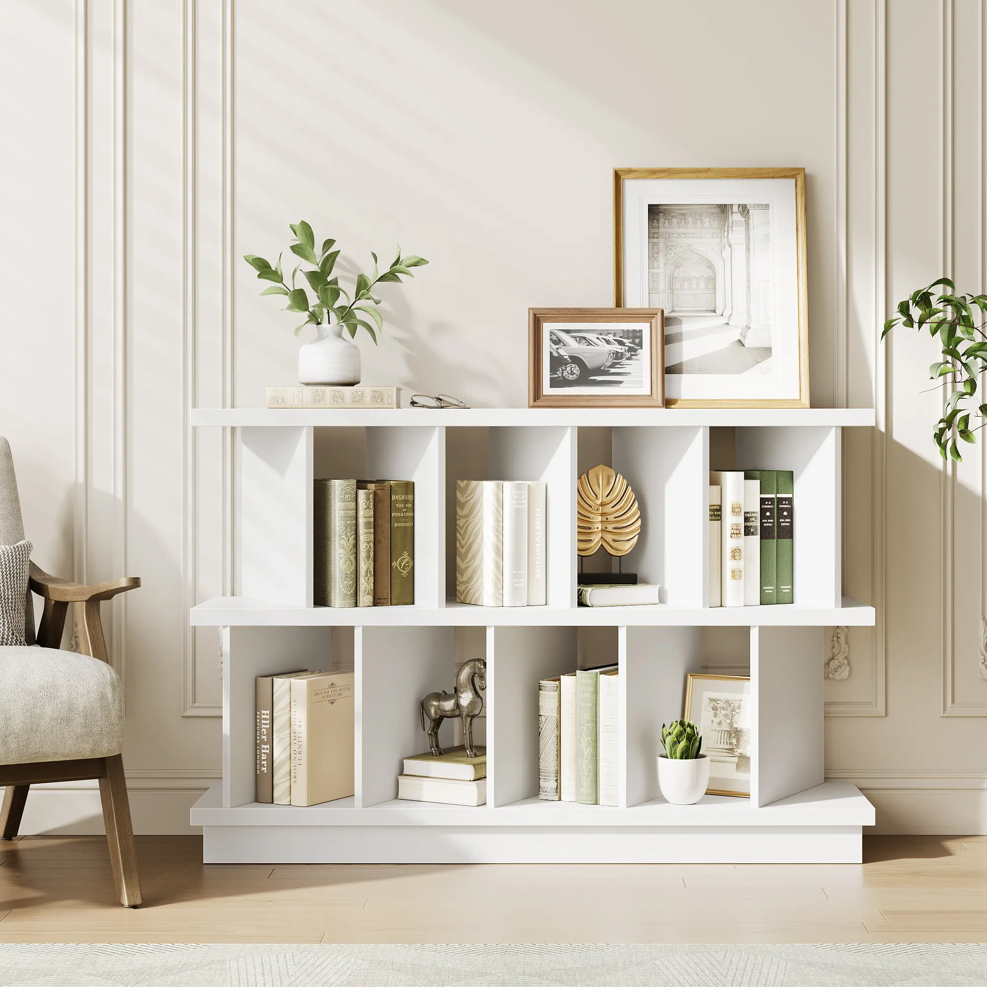 Walnut & White Modern 8-Cube Geometric Bookshelf, Low Bookcase with 10 Removable Back Panels, Easy Assembly Multi-Purpose Storage Display Rack for Living Room Bedroom Home Office