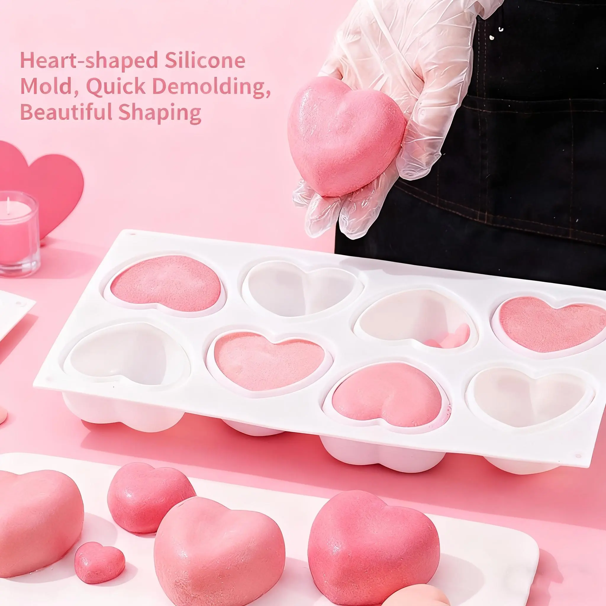 1pc Multi-Size Silicone Heart Mold - 8/15/35/42 Cavity Kitchen Bakeware, Non-Stick Quick Demolding 3D Pan for Chocolate Jelly Mousse Cake, Ice Cube Tray for Valentine's Day Baking