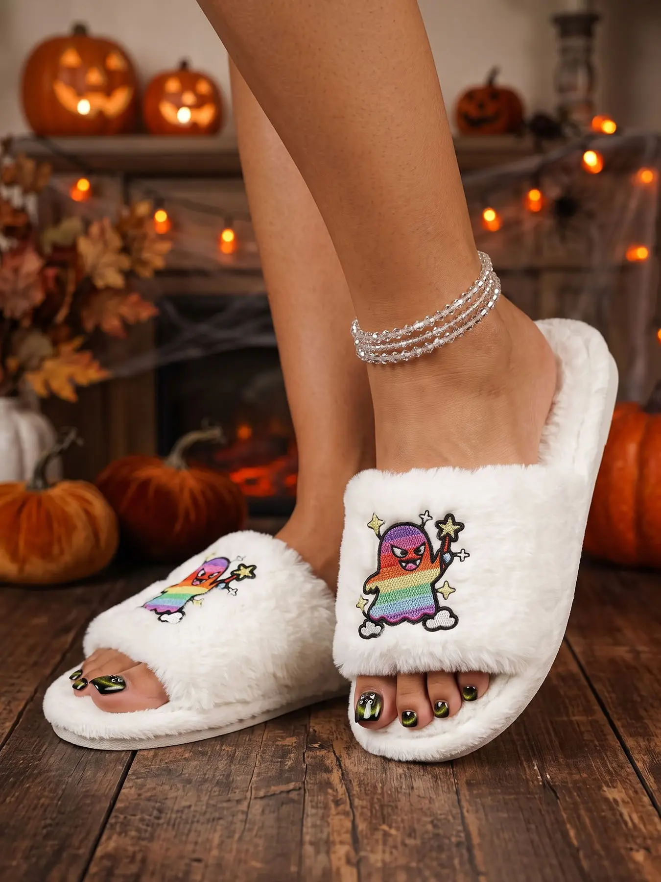 Fun Rainbow Ghost Plush Slippers, Fall Winter Warm Comfortable Fuzzy Open-Toe Sandals, Ideal for Bedroom Dorm Short Trips Daily Use