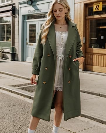 Women's Long Coat Notched Lapel Collar Double Breasted Pea Coat Winter Elegant Wool Blend Over Coats Jackets