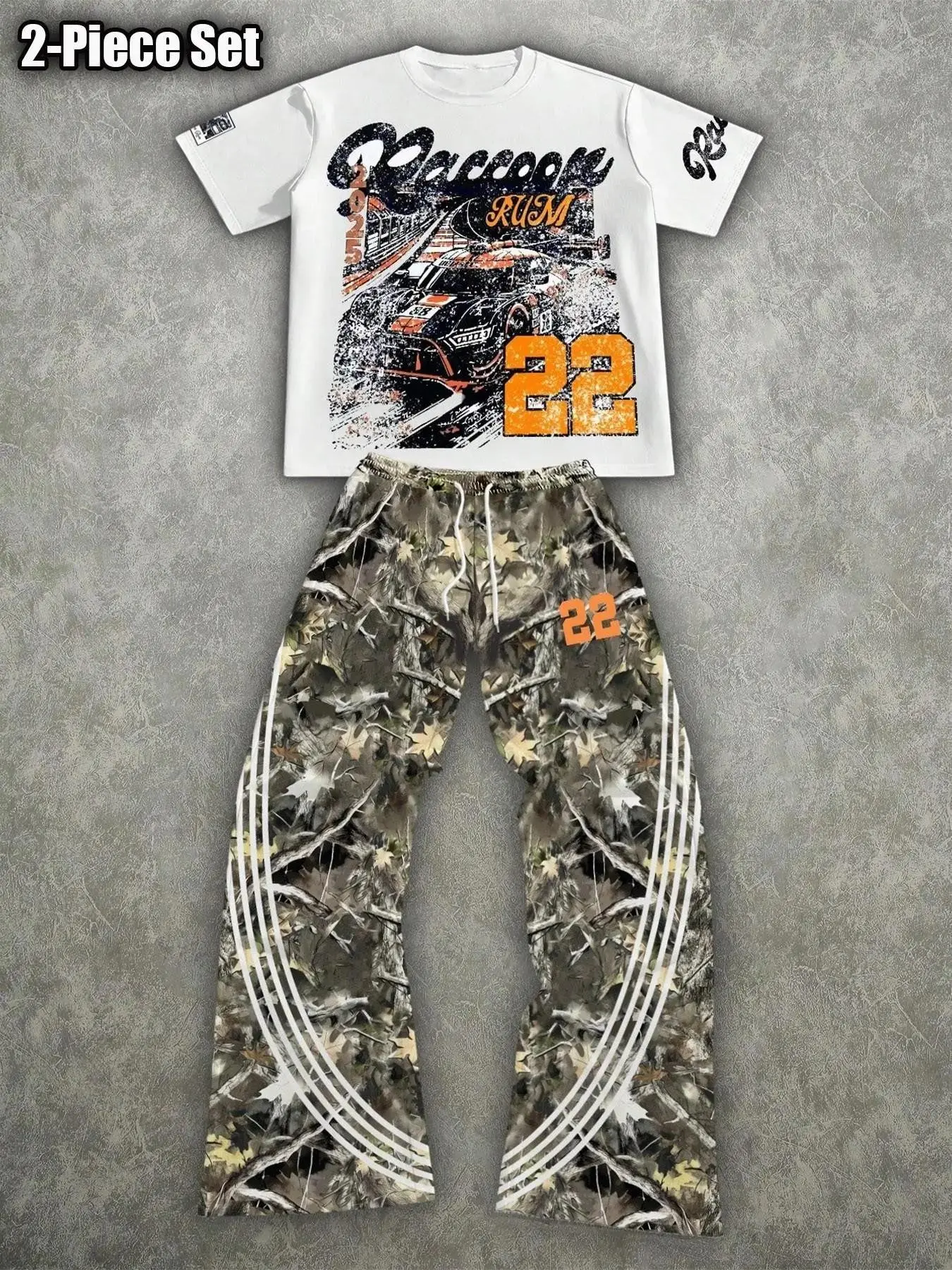 Men's Summer Two-Piece Set, American Retro Vintage Racing Theme Street Style, Short Sleeve Graphic T-Shirt + Camo Wide Leg Pants, Casual Fashion Loose Fit
