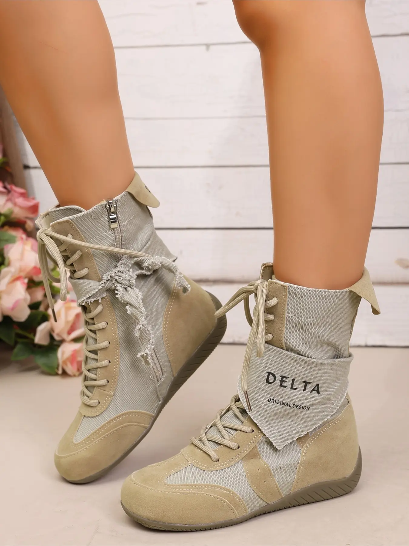 Color block fold-over casual ankle boots lace-up side zipper letter print tassel flat comfy retro outdoor women shoes trendy boots